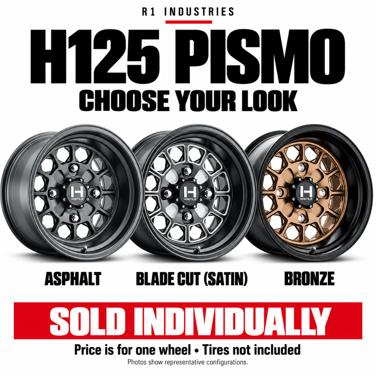 Hostile H125 wheel design and finish guide — sold individually; tires not included