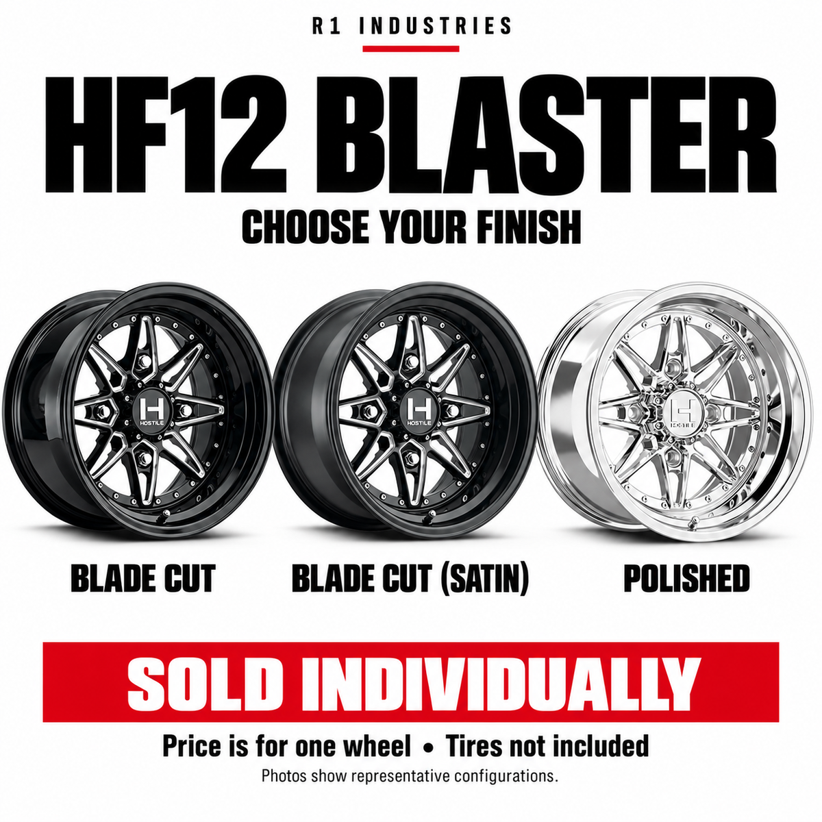 Hostile HF12 wheel design and finish guide — wheels sold individually; tires not included