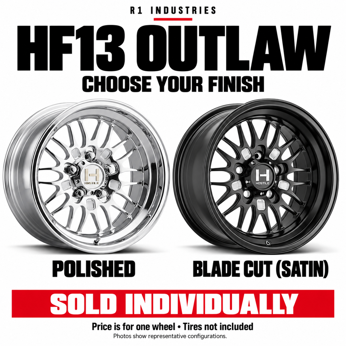 Hostile HF13 wheel design and finish guide — wheels sold individually; tires not included