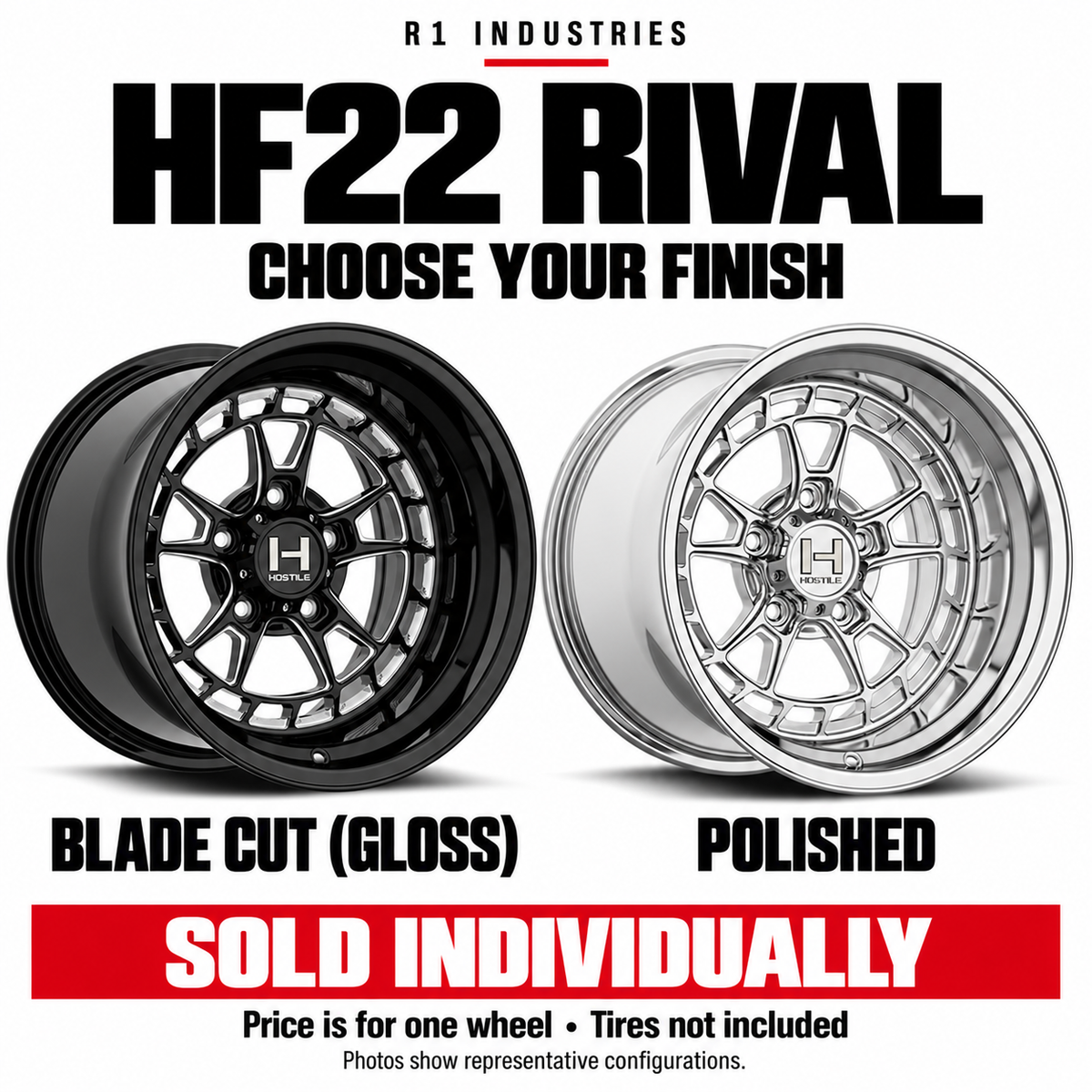 Hostile HF22 wheel design and finish guide — wheels sold individually; tires not included