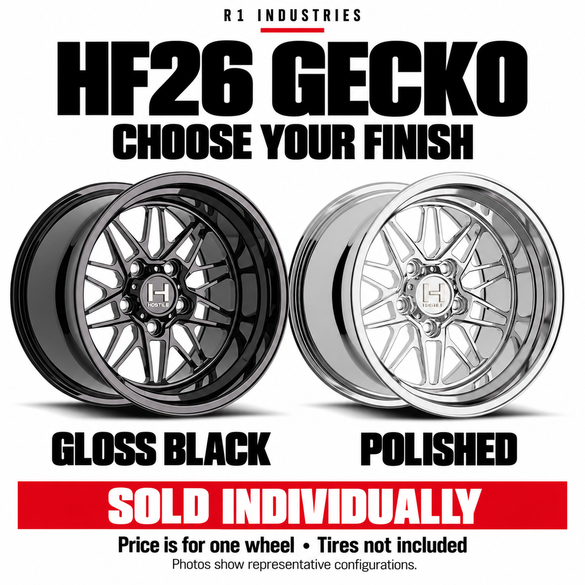 Hostile HF26 wheel design and finish guide — wheels sold individually; tires not included