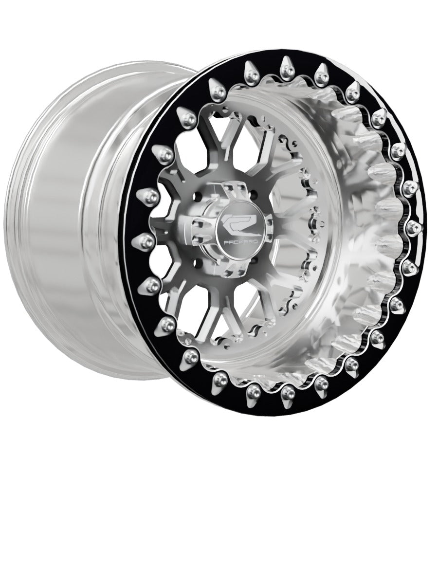 15″ Billet Aluminum UTV Beadlock Wheel (Packard Wishbone Polished Silver, 4x110) — Manufacturer studio configuration preview — wb slv 110 polb blv1 11