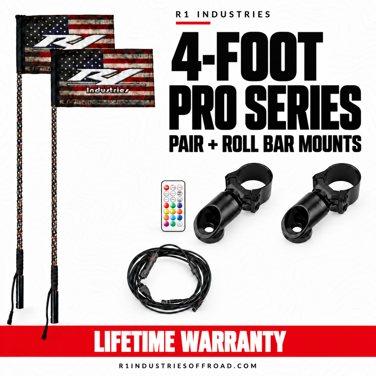 R1 Industries 4-FOOT PRO SERIES PAIR + ROLL BAR MOUNTS — RGBW LED whip configuration — Lifetime Warranty