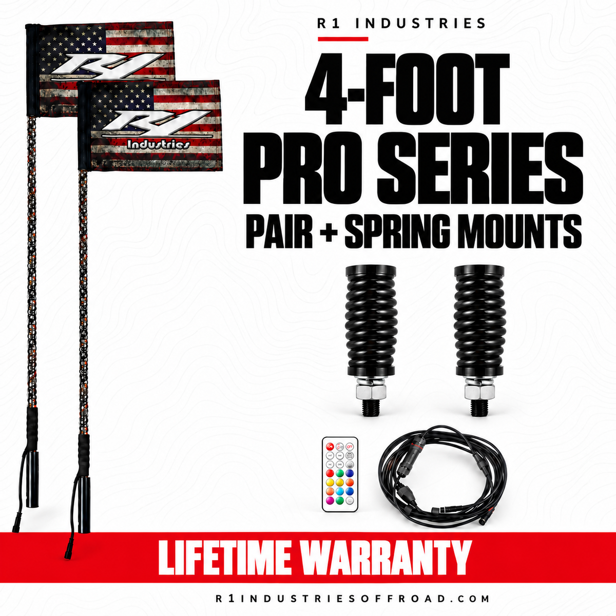R1 Industries 4-FOOT PRO SERIES PAIR + SPRING MOUNTS — RGBW LED whip configuration — Lifetime Warranty