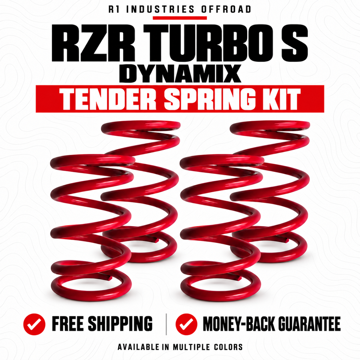 RZR Turbo S Dynamix tender spring kit storefront graphic with four red springs and multiple color options.