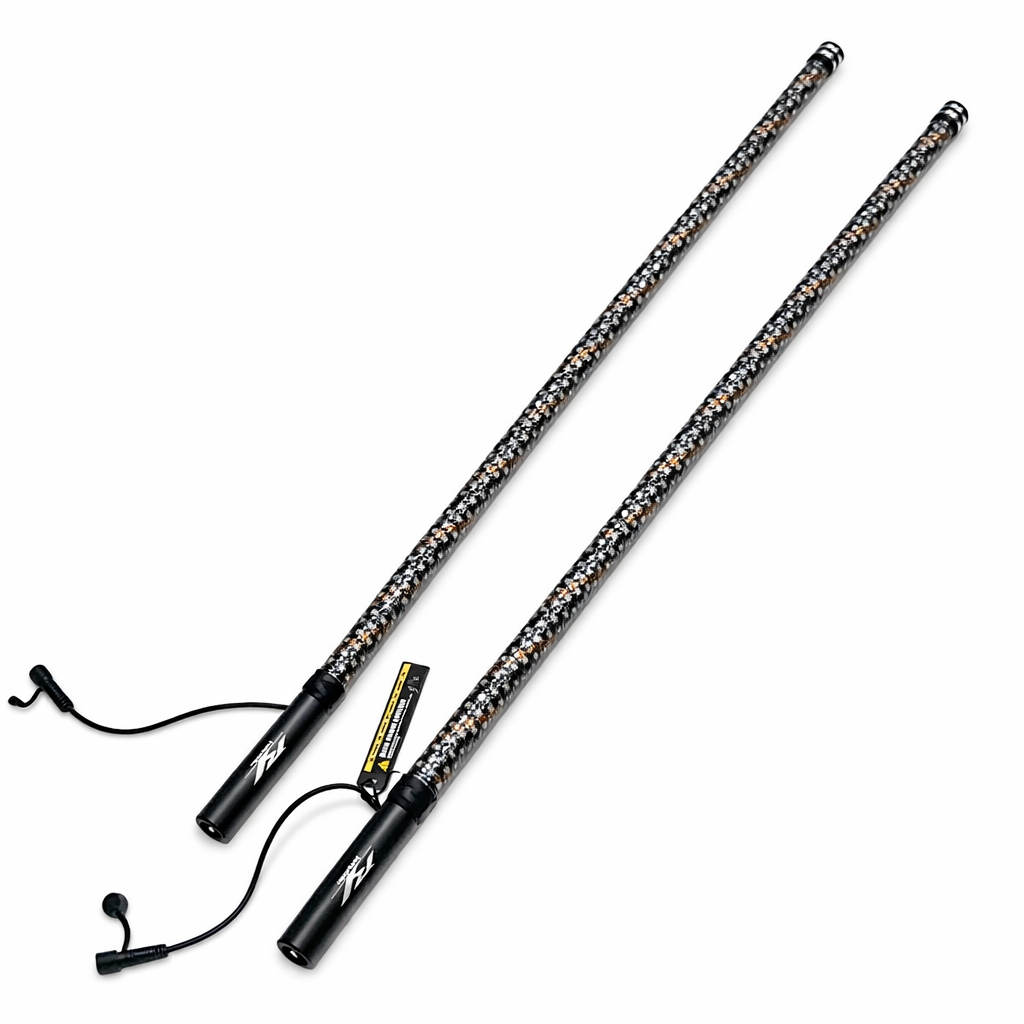 Pair of R1 Industries Pro Series RGBW LED light whips on a white background