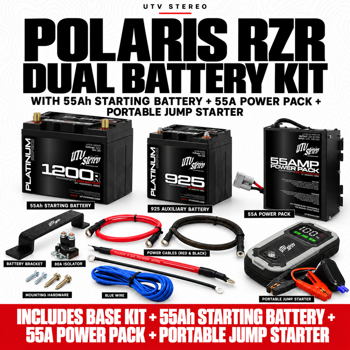 POLARIS RZR DUAL BATTERY KIT with 55Ah STARTING BATTERY, 55A POWER PACK, PORTABLE JUMP STARTER; 925 auxiliary battery, mount, 80A isolator and wiring included