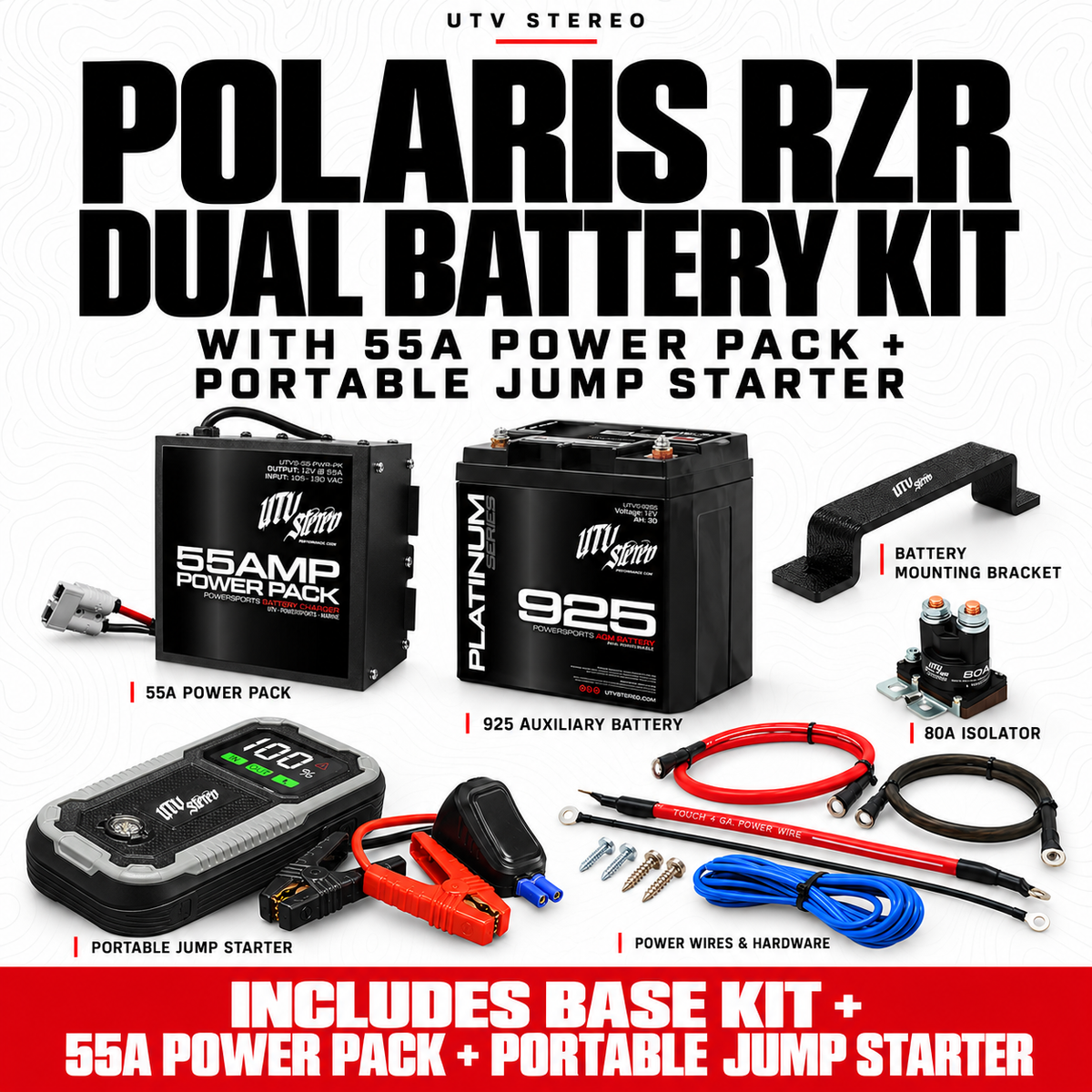 POLARIS RZR DUAL BATTERY KIT with 55A POWER PACK, PORTABLE JUMP STARTER; 925 auxiliary battery, mount, 80A isolator and wiring included