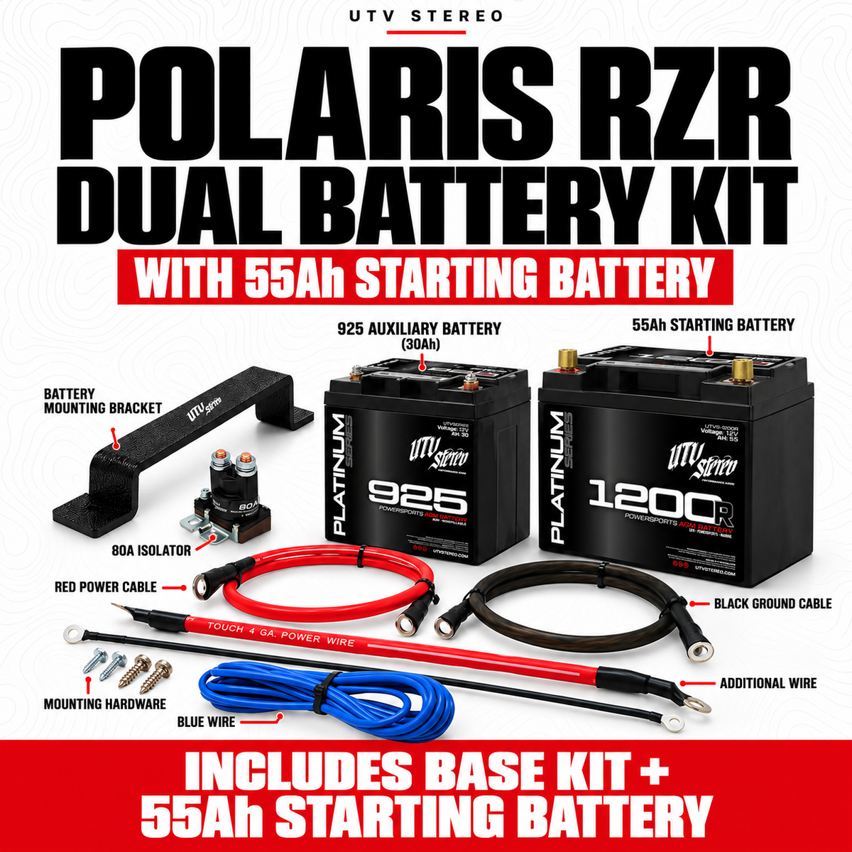 POLARIS RZR DUAL BATTERY KIT with 55Ah STARTING BATTERY; 925 auxiliary battery, mount, 80A isolator and wiring included