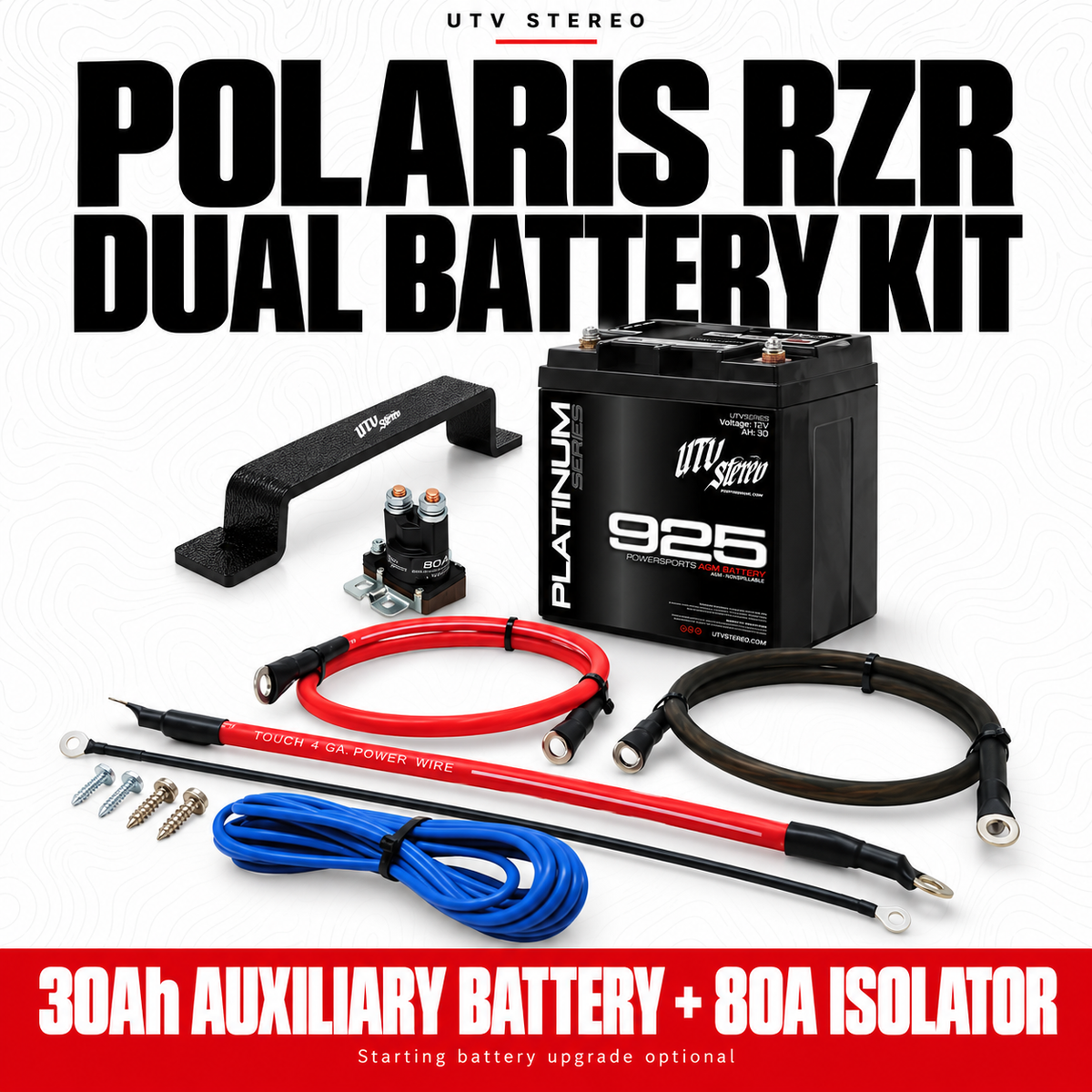 Polaris RZR dual battery kit with 925 auxiliary battery, 80A isolator, mount and wiring