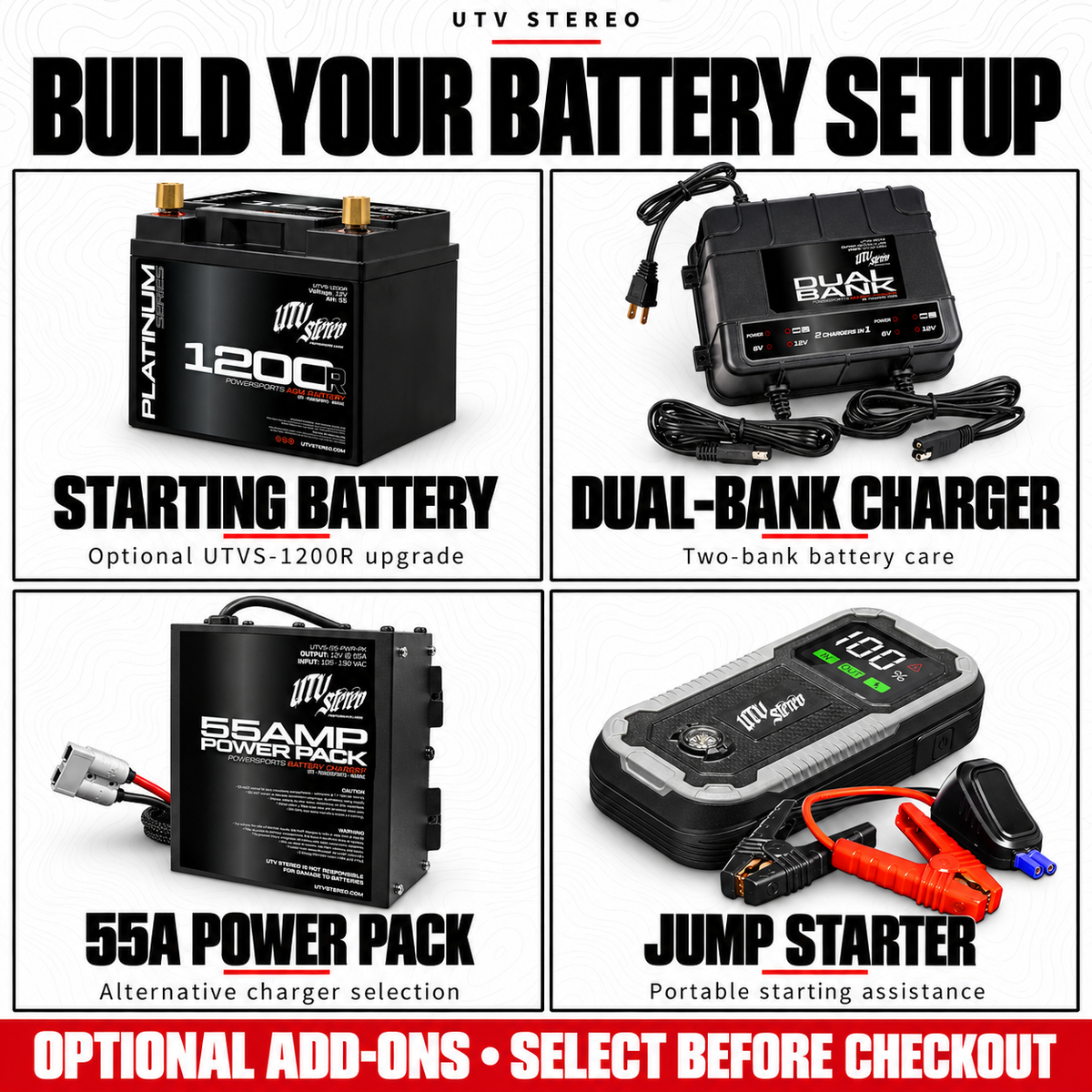 Optional RZR starting battery, dual bank charger, power pack and jump starter