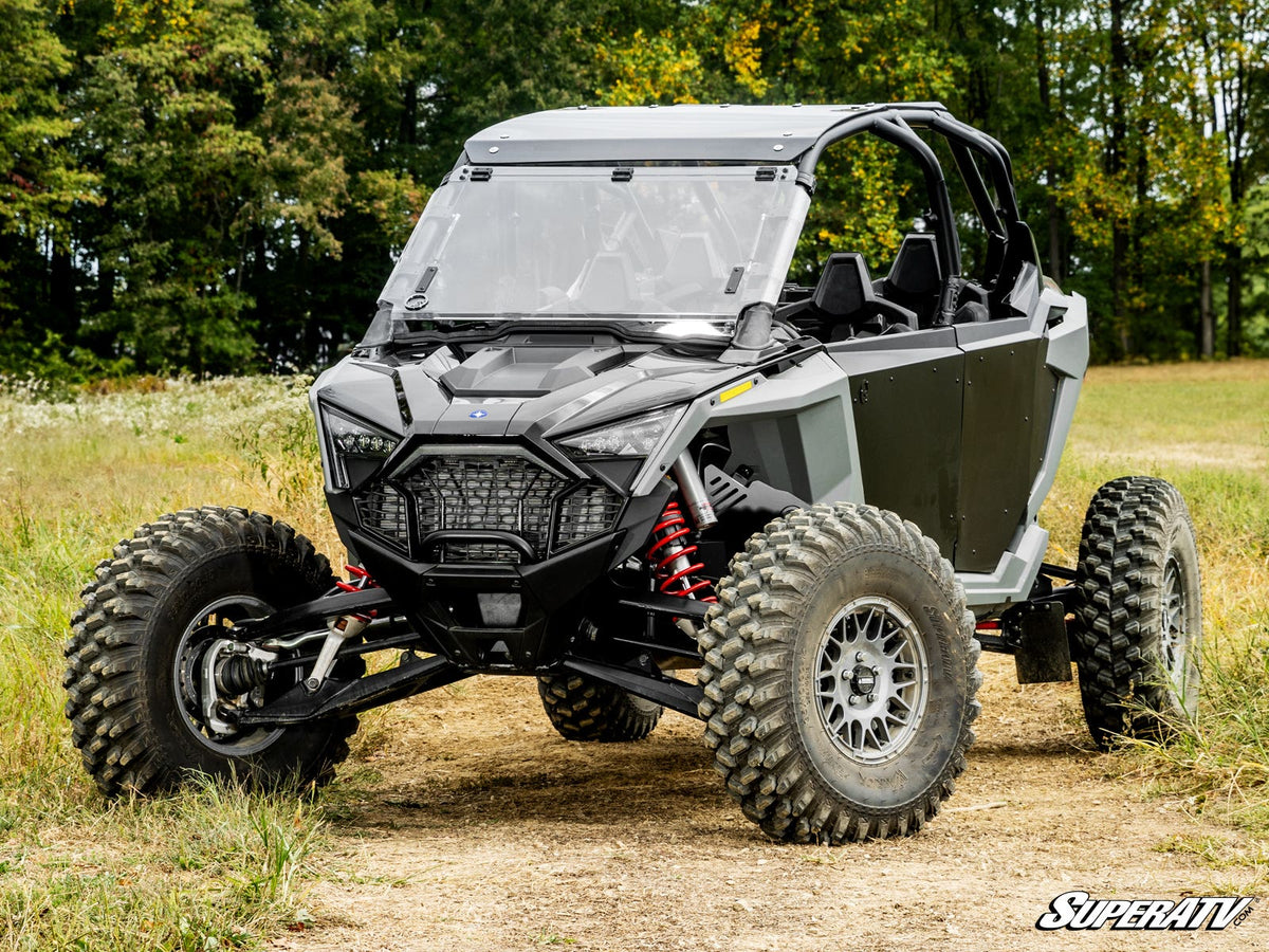 SuperATV 2020–2024 RZR Pro XP flip windshield shown closed on a Pro XP 4