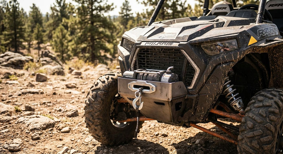 Winch mounts for Polaris RZR recovery setups