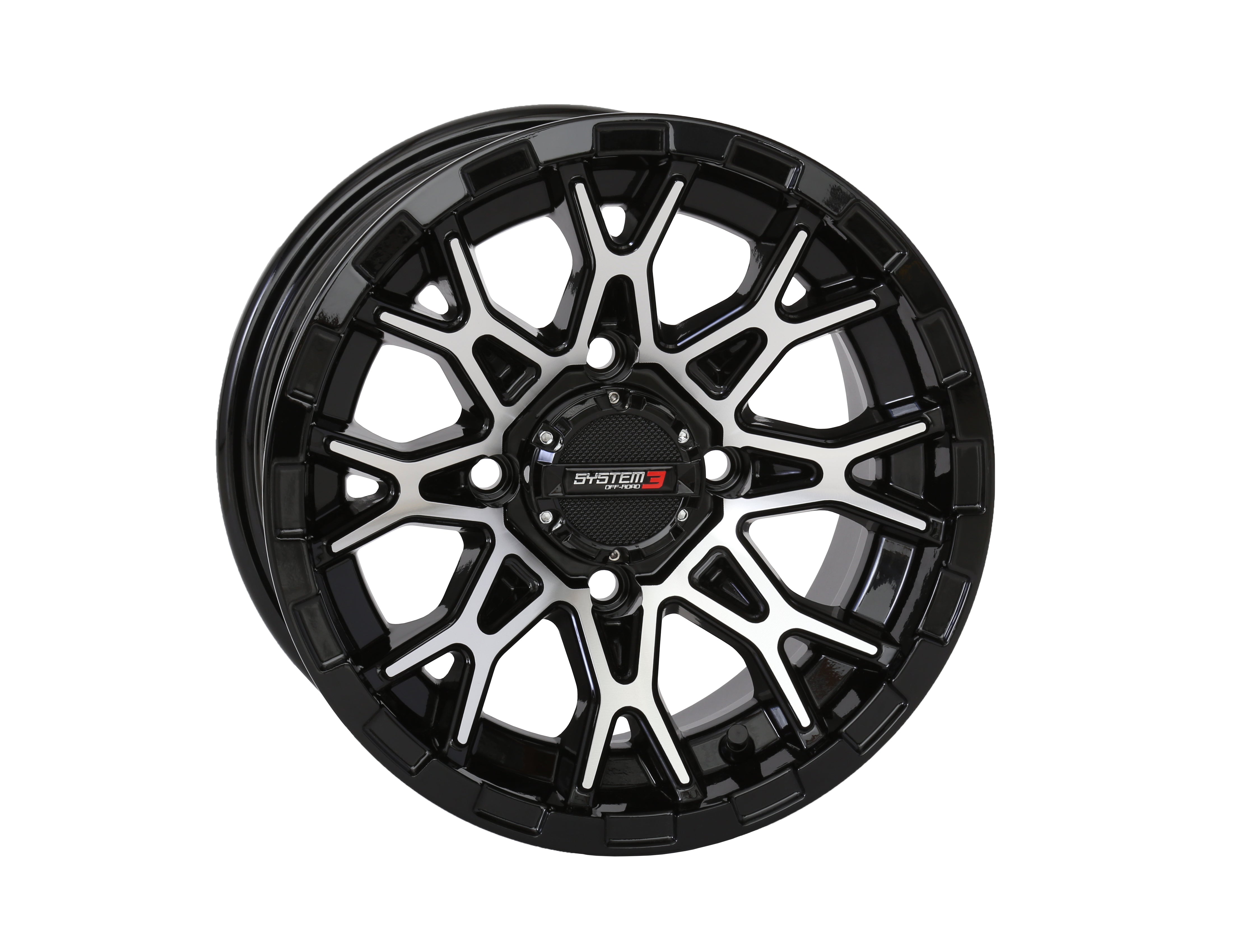 Photo of ST6 WHEEL 14X7 4+3 (+10MM) 4/156 GLOSS BLACK/MACHINED by SYSTEM 3 - Premium Wheels for UTVs / Side by Sides