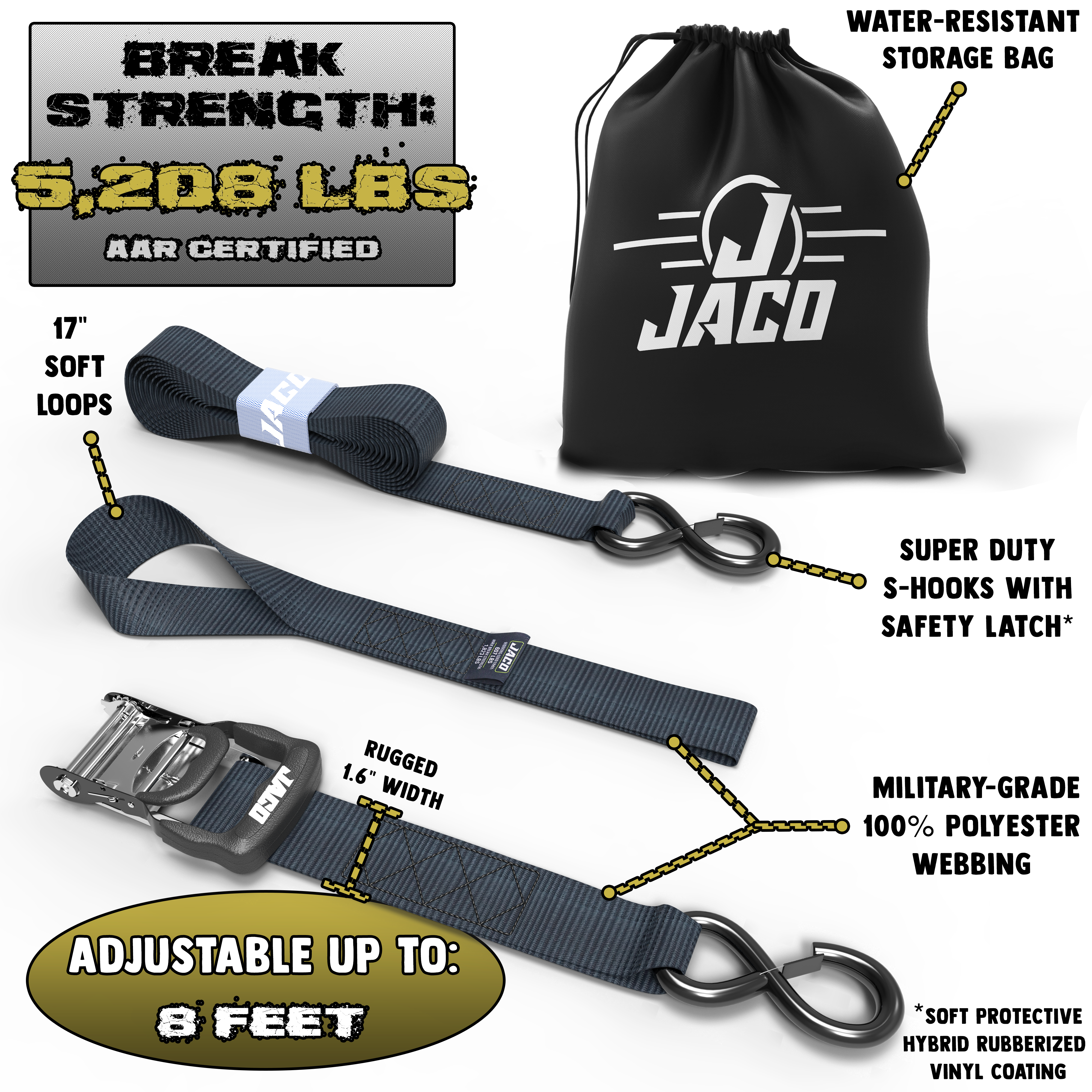 Photo of Heavy Duty Ratchet Tie Down Straps with Soft Loops (1.6" x 8 ft) | AAR Certified Break Strength (5,208 lbs) by JACO - Premium Tie Downs for UTVs / Side by Sides