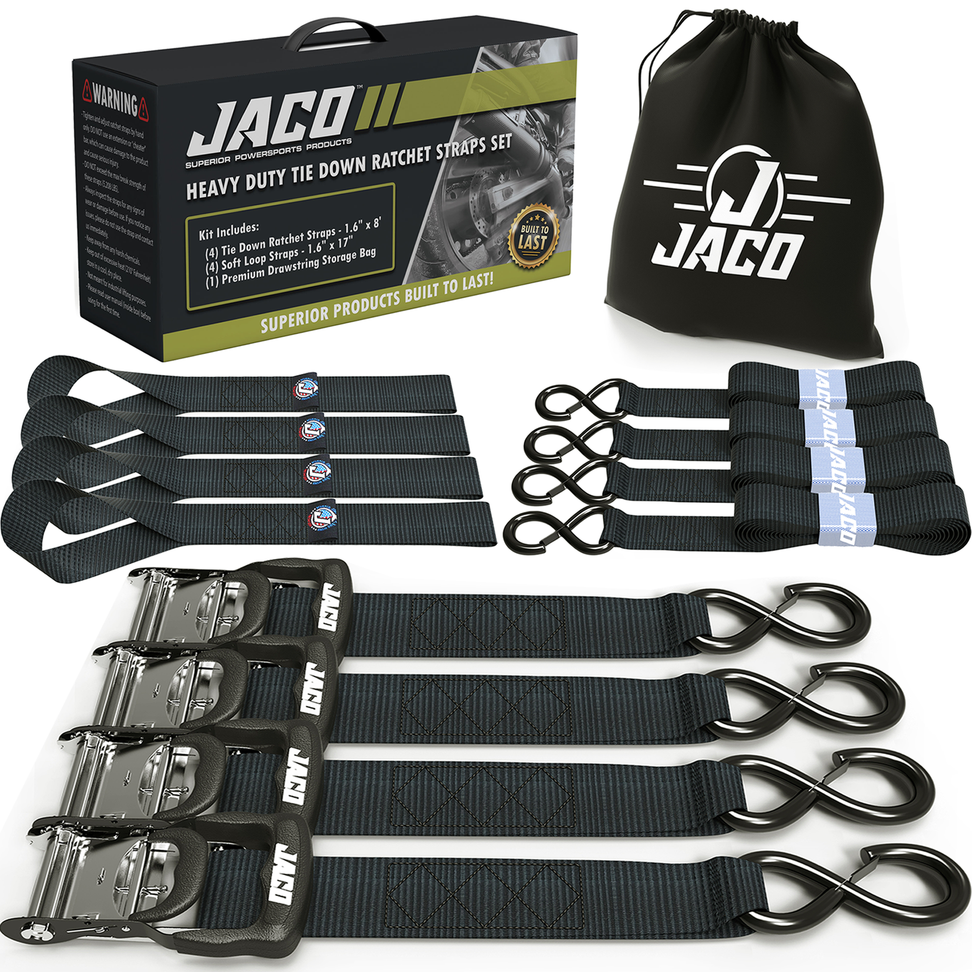 Photo of Heavy Duty Ratchet Tie Down Straps with Soft Loops (1.6" x 8 ft) | AAR Certified Break Strength (5,208 lbs) by JACO - Premium Tie Downs for UTVs / Side by Sides