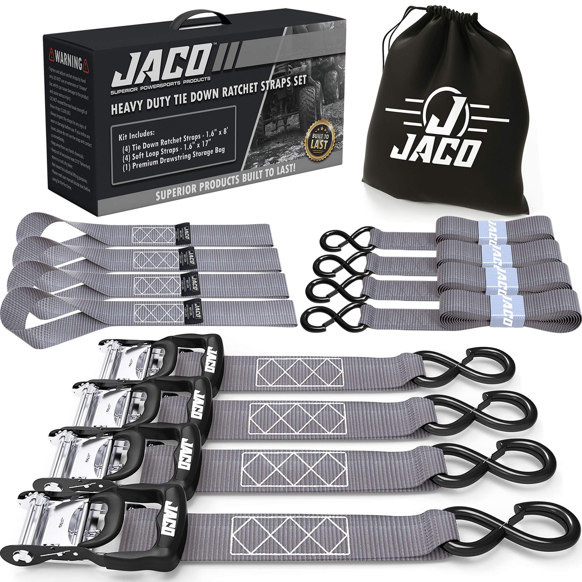 Photo of Heavy Duty Ratchet Tie Down Straps with Soft Loops (1.6" x 8 ft) | AAR Certified Break Strength (5,208 lbs) by JACO - Premium Tie Downs for UTVs / Side by Sides