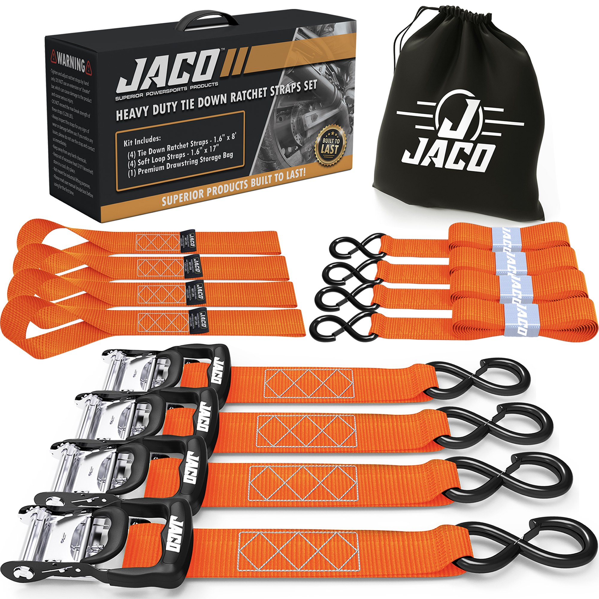 Photo of Heavy Duty Ratchet Tie Down Straps with Soft Loops (1.6" x 8 ft) | AAR Certified Break Strength (5,208 lbs) by JACO - Premium Tie Downs for UTVs / Side by Sides