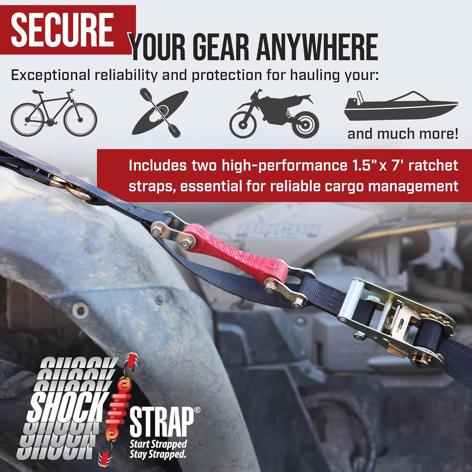 Photo of 10ft x 1in SHOCKSTRAP® Constant Tension Ratchet Strap, Premium Polyester Webbing, 1,500lb Break Strength, 500lb Working Load Limit by ShockStrap - Premium for UTVs / Side by Sides