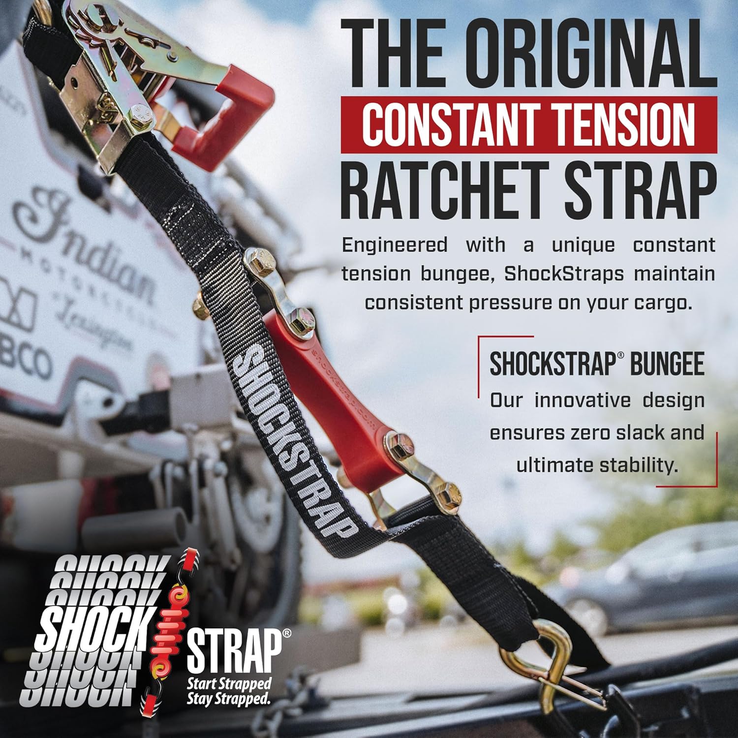 Photo of 10ft x 1in SHOCKSTRAP® Constant Tension Ratchet Strap, Premium Polyester Webbing, 1,500lb Break Strength, 500lb Working Load Limit by ShockStrap - Premium for UTVs / Side by Sides