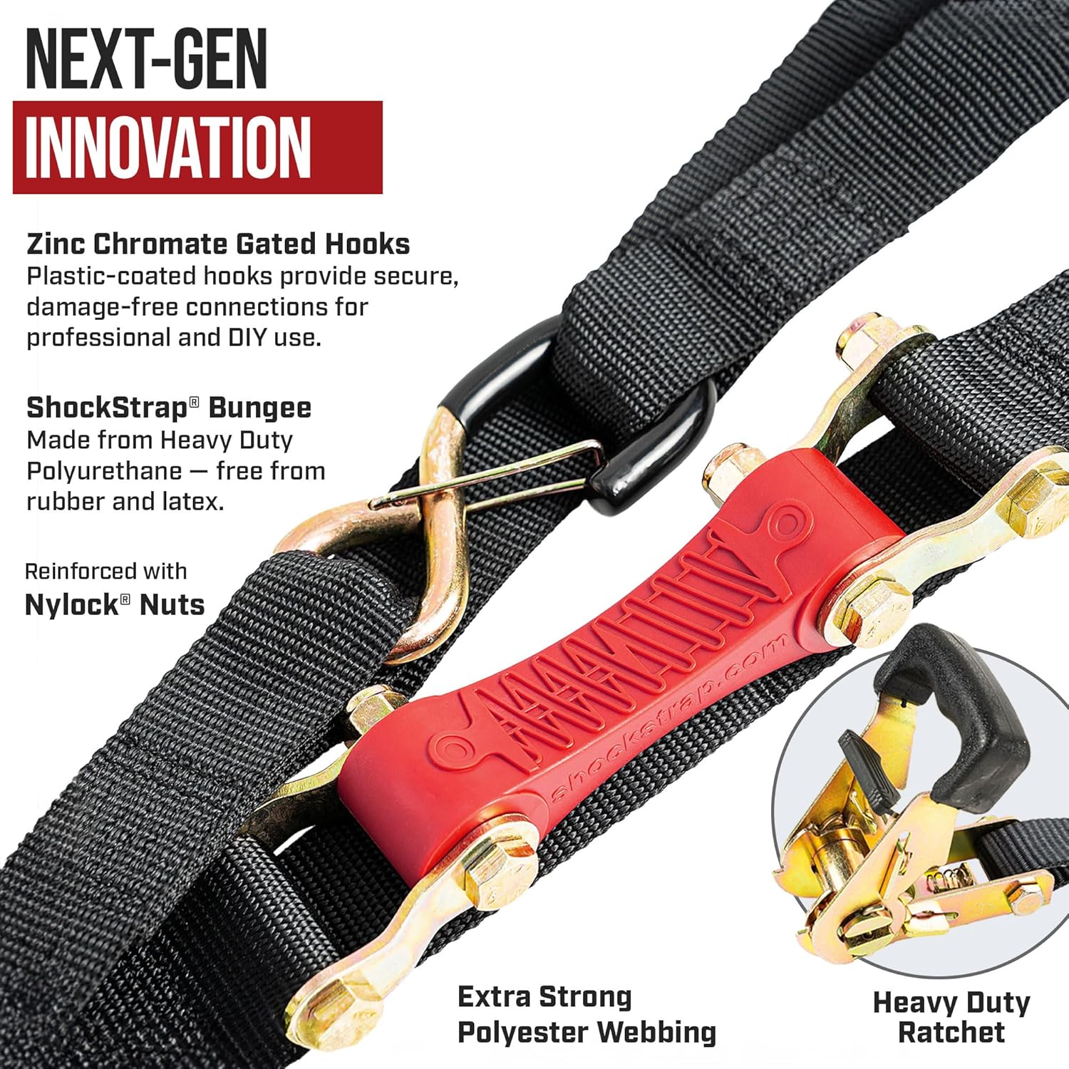 Photo of 10ft x 1in SHOCKSTRAP® Constant Tension Ratchet Strap, Premium Polyester Webbing, 1,500lb Break Strength, 500lb Working Load Limit by ShockStrap - Premium for UTVs / Side by Sides