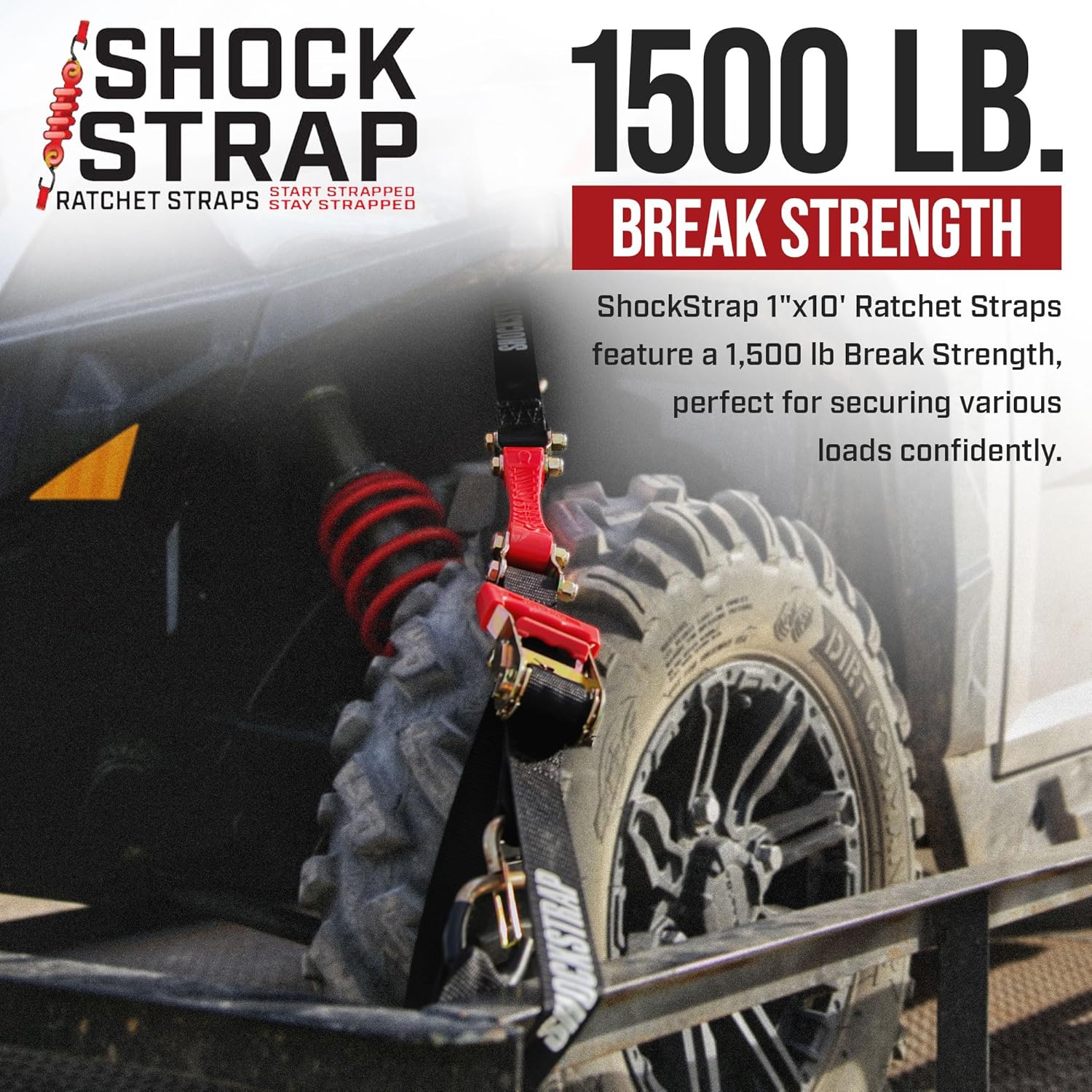 Photo of 10ft x 1in SHOCKSTRAP® Constant Tension Ratchet Strap, Premium Polyester Webbing, 1,500lb Break Strength, 500lb Working Load Limit by ShockStrap - Premium for UTVs / Side by Sides