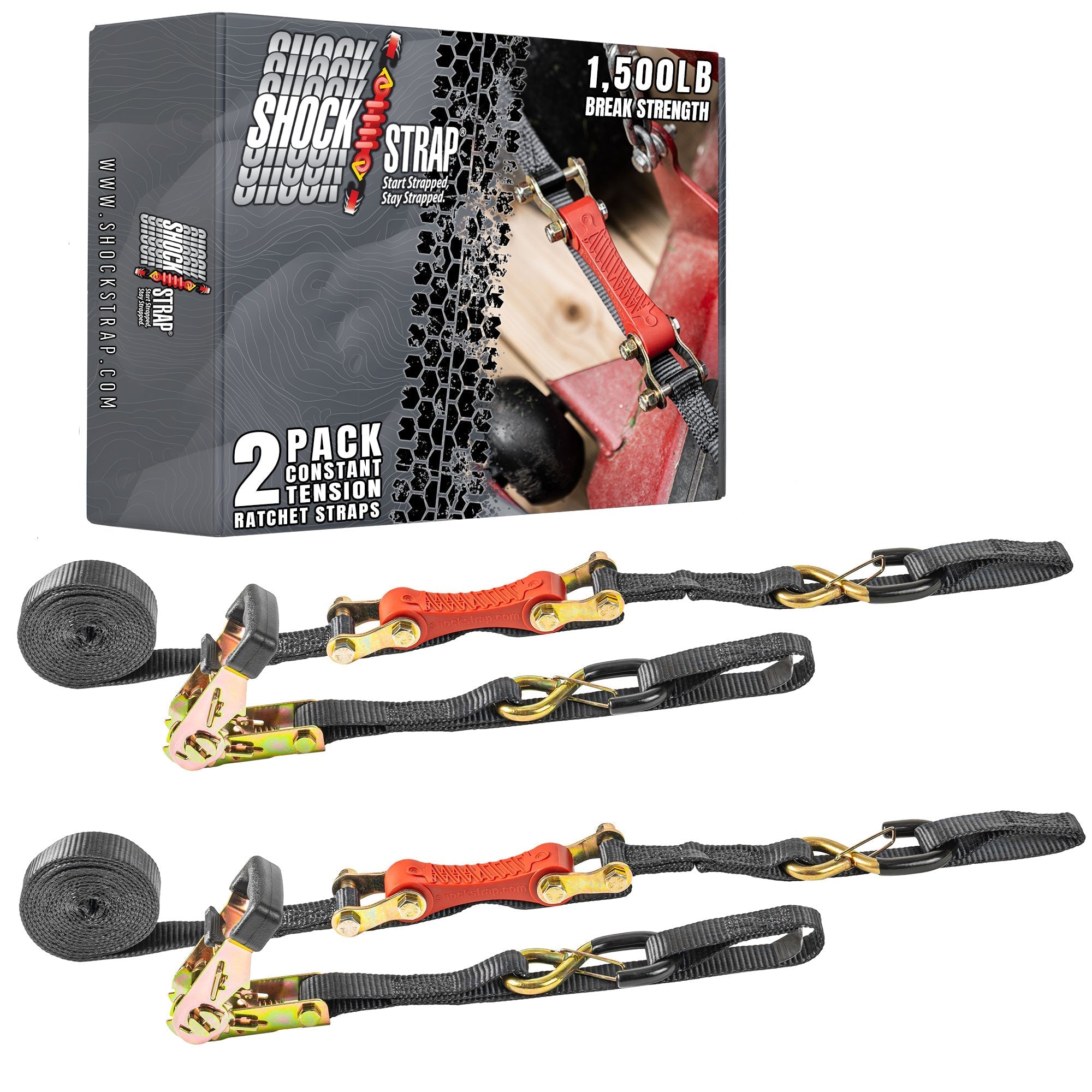 Photo of 10ft x 1in SHOCKSTRAP® Constant Tension Ratchet Strap, Premium Polyester Webbing, 1,500lb Break Strength, 500lb Working Load Limit by ShockStrap - Premium for UTVs / Side by Sides