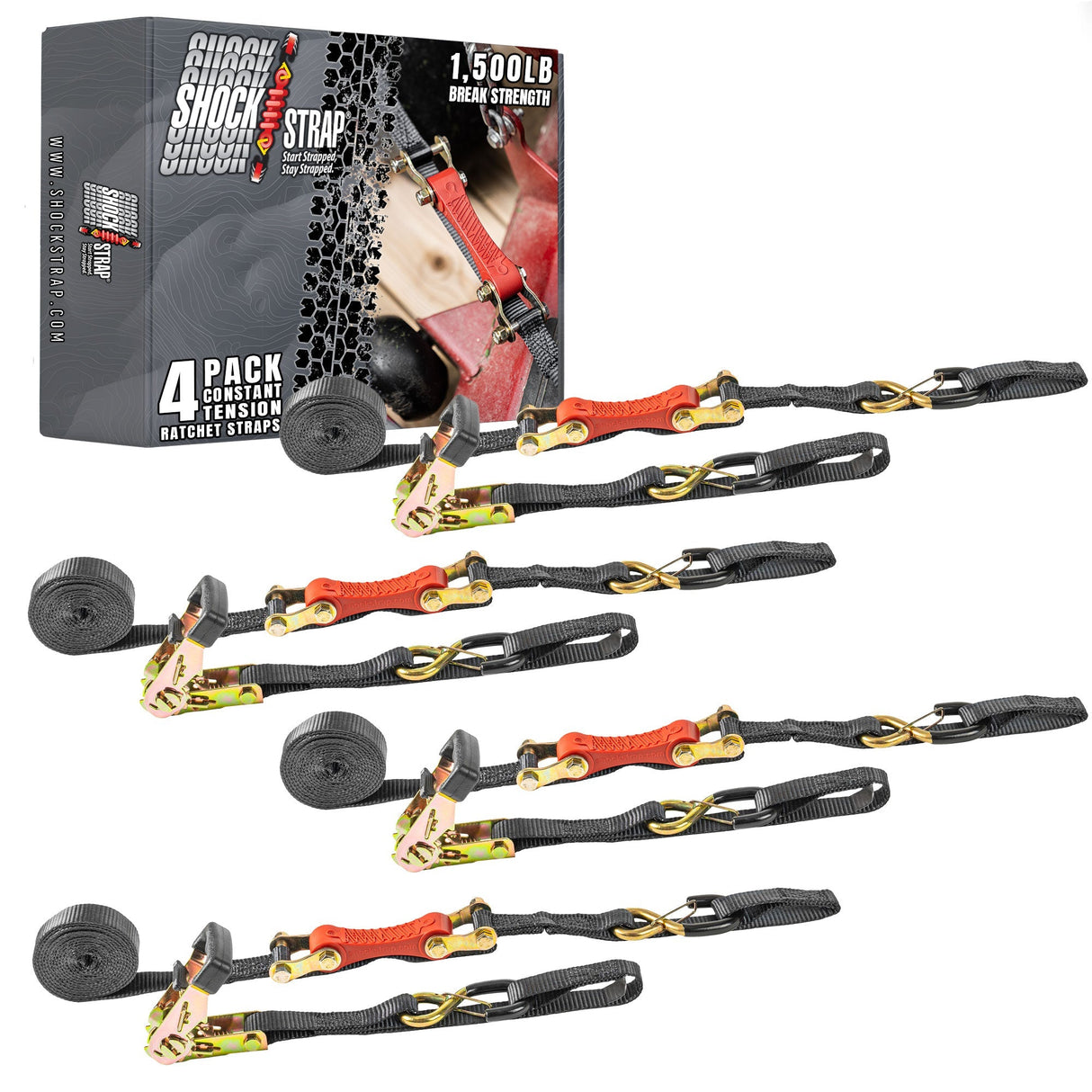 Photo of 10ft x 1in SHOCKSTRAP® Constant Tension Ratchet Strap, Premium Polyester Webbing, 1,500lb Break Strength, 500lb Working Load Limit by ShockStrap - Premium for UTVs / Side by Sides