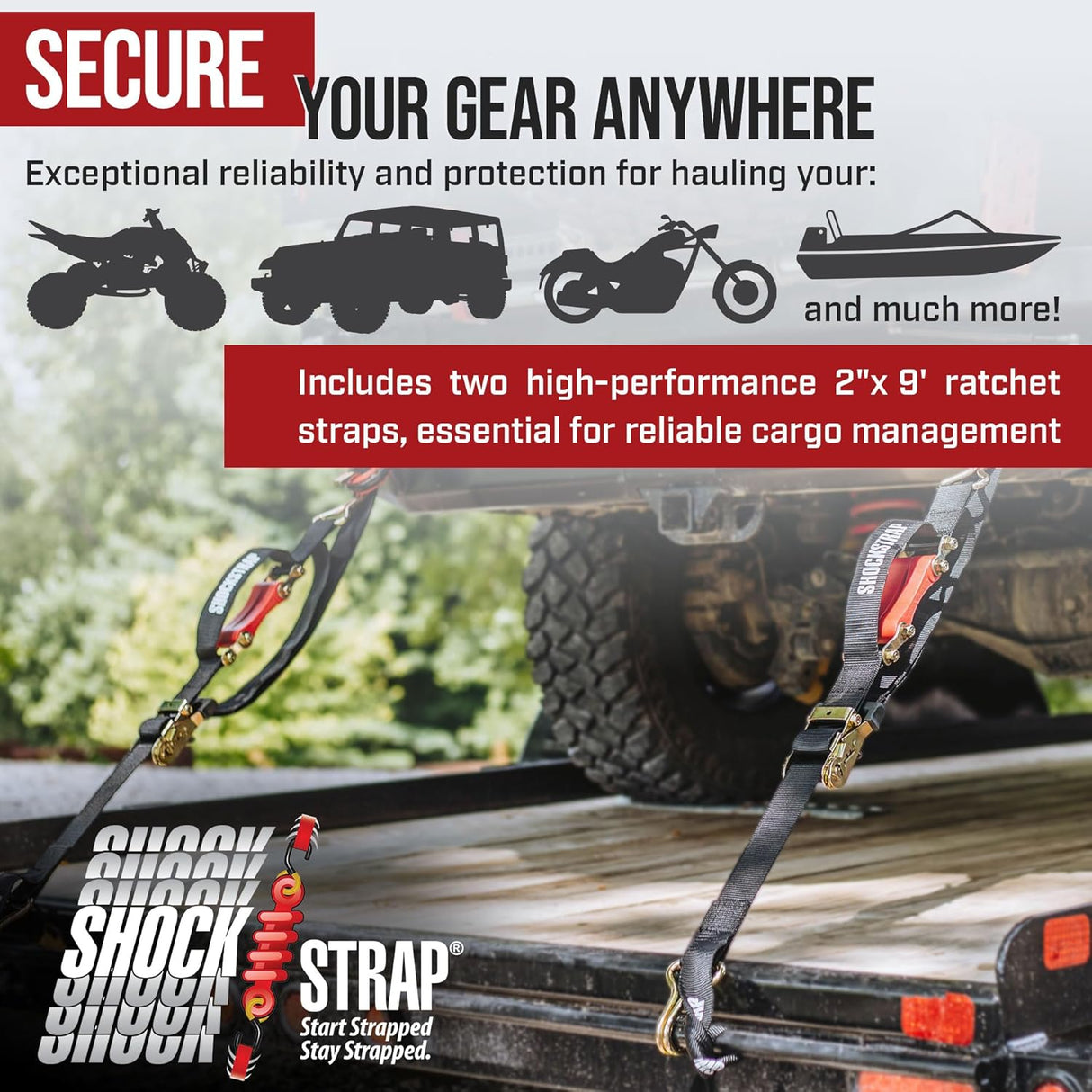 Photo of 18ft x 2in SHOCKSTRAP® Ratchet Strap, Wire Hooks, Premium Polyester Webbing, 6k Break Strength, 2k Working Load Limit by ShockStrap - Premium for UTVs / Side by Sides