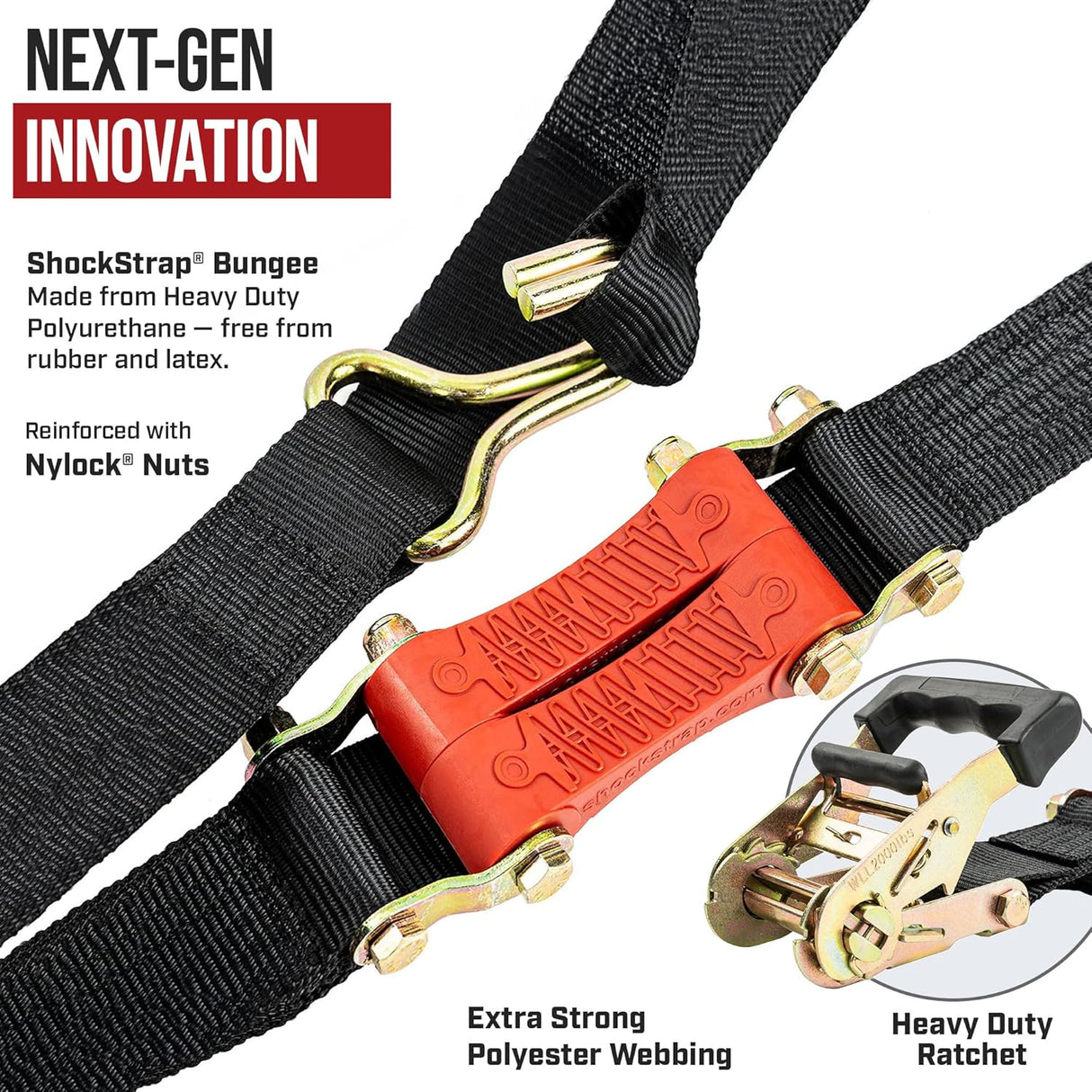 Photo of 18ft x 2in SHOCKSTRAP® Ratchet Strap, Wire Hooks, Premium Polyester Webbing, 6k Break Strength, 2k Working Load Limit by ShockStrap - Premium for UTVs / Side by Sides