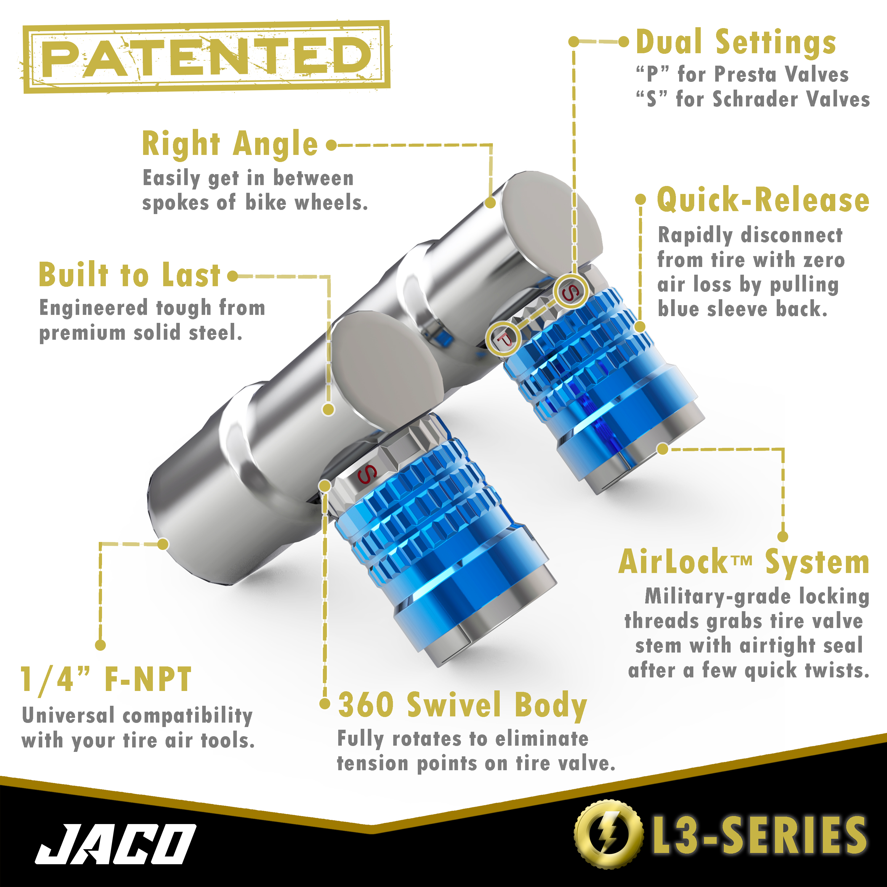 Photo of Lightning™ L3-Series Bike Tire Air Chuck - 1/4" F-NPT (Presta + Schrader Valves) | Open Flow (2 Pack) by JACO - Premium Tire Accessories for UTVs / Side by Sides
