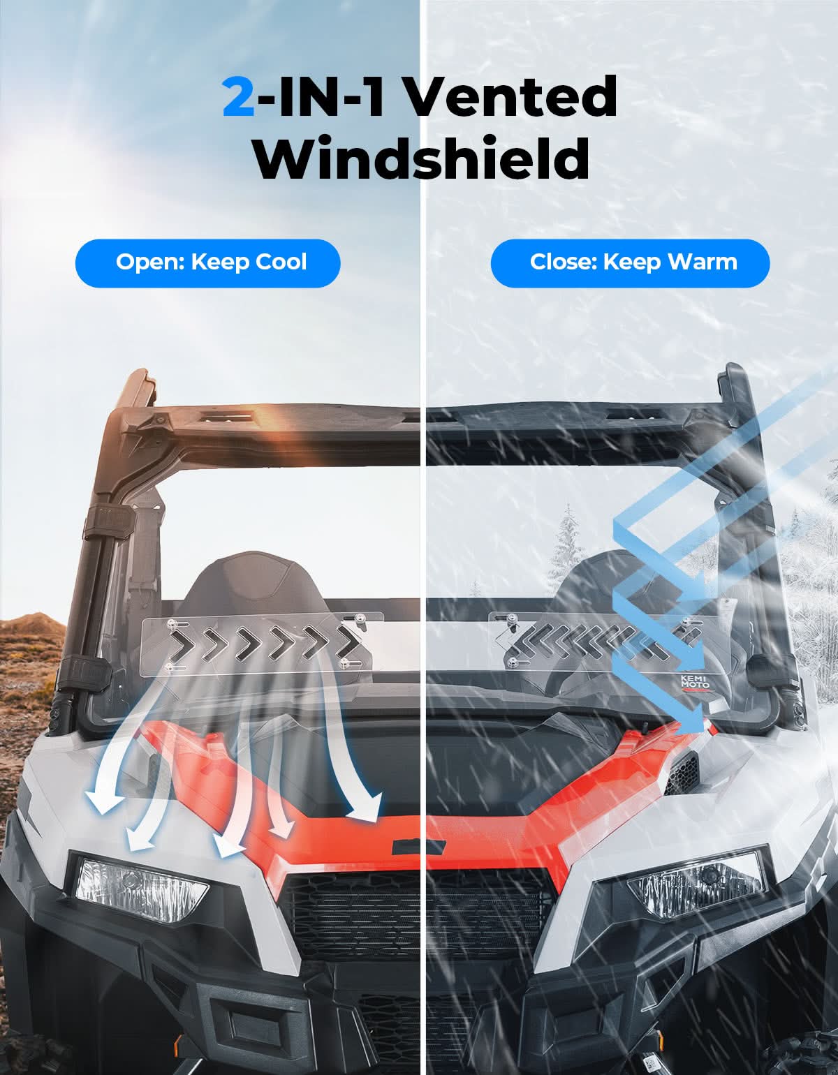 Photo of UTV 2-IN-1 Front Vented Windshield Compatible with Polaris General 1000, XP 1000, 4 1000 by Kemimoto - Premium for UTVs / Side by Sides