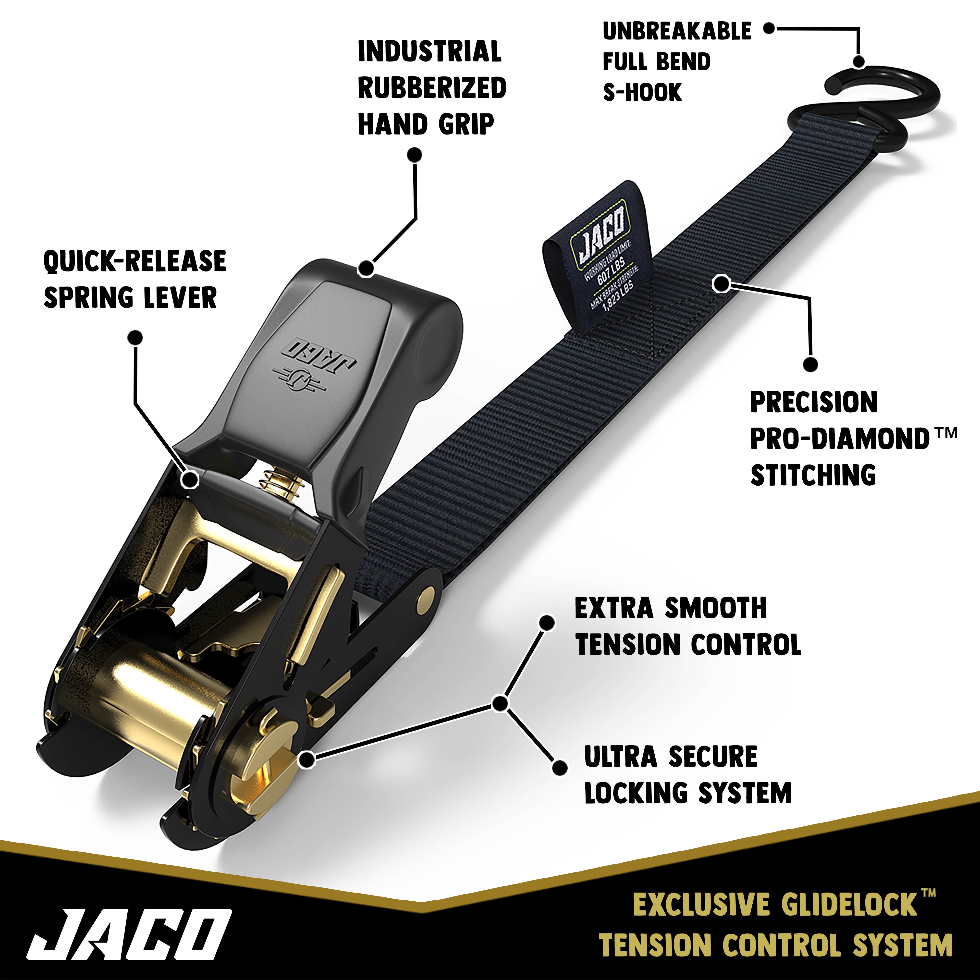 Photo of Tie Down Ratchet Straps (4 Pack) - 1 in x 15 ft | AAR Certified Break Strength (1,823 lbs) | Cargo Tie Down Set by JACO - Premium Tie Downs for UTVs / Side by Sides