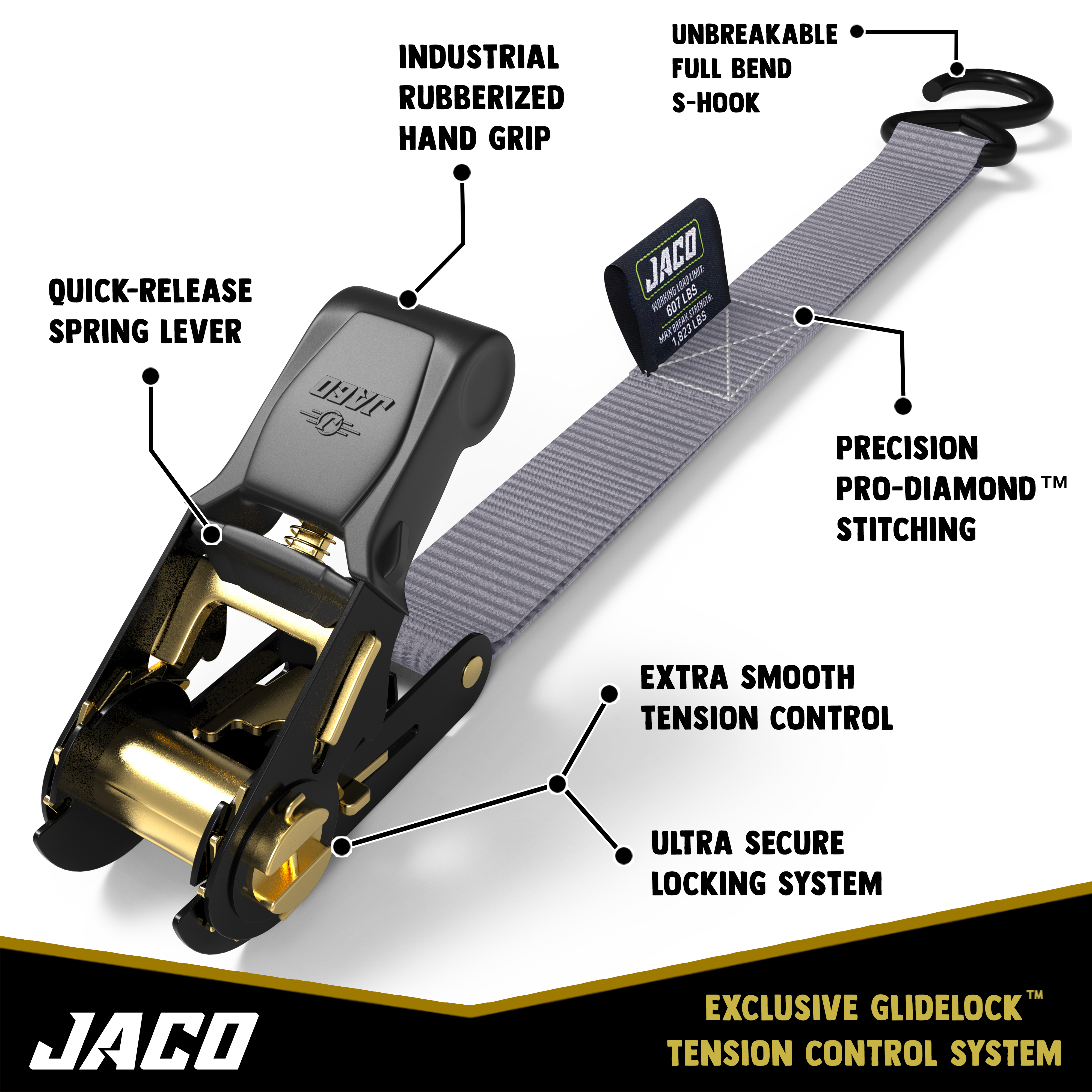 Photo of Tie Down Ratchet Straps (4 Pack) - 1 in x 15 ft | AAR Certified Break Strength (1,823 lbs) | Cargo Tie Down Set by JACO - Premium Tie Downs for UTVs / Side by Sides