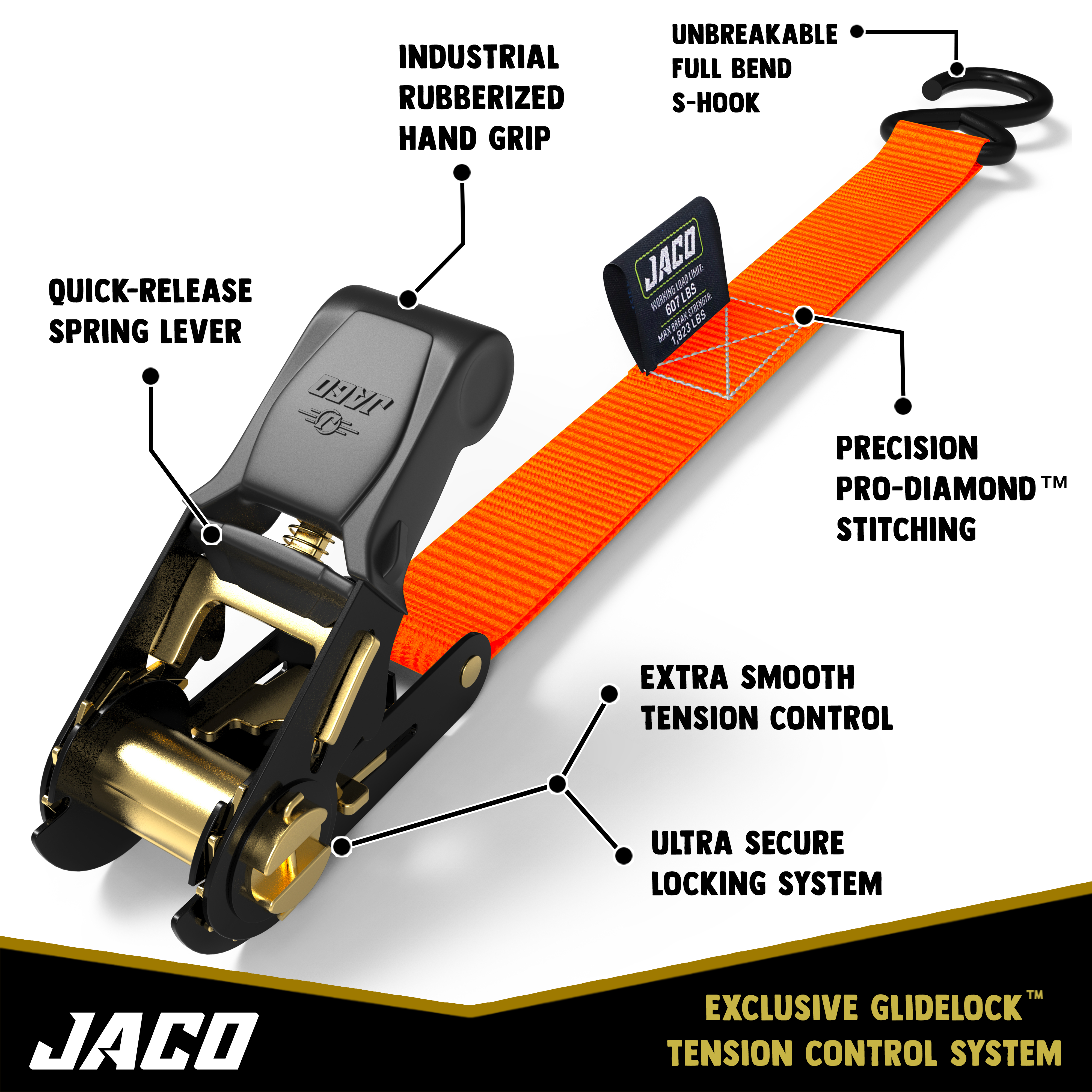 Photo of Tie Down Ratchet Straps (4 Pack) - 1 in x 15 ft | AAR Certified Break Strength (1,823 lbs) | Cargo Tie Down Set by JACO - Premium Tie Downs for UTVs / Side by Sides