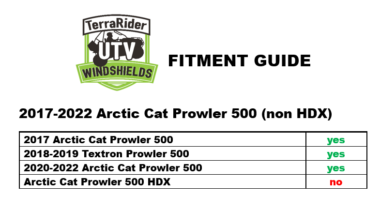 Photo of 2017 - 2022 ARCTIC CAT PROWLER 500 (COMPATIBLE WITH TEXTRON PROWLER 500) HALF UTV WINDSHIELD (TK00417, TK00418 & TK00419) by TerraRider UTV Windshields & Accessories - Premium for UTVs / Side by Sides