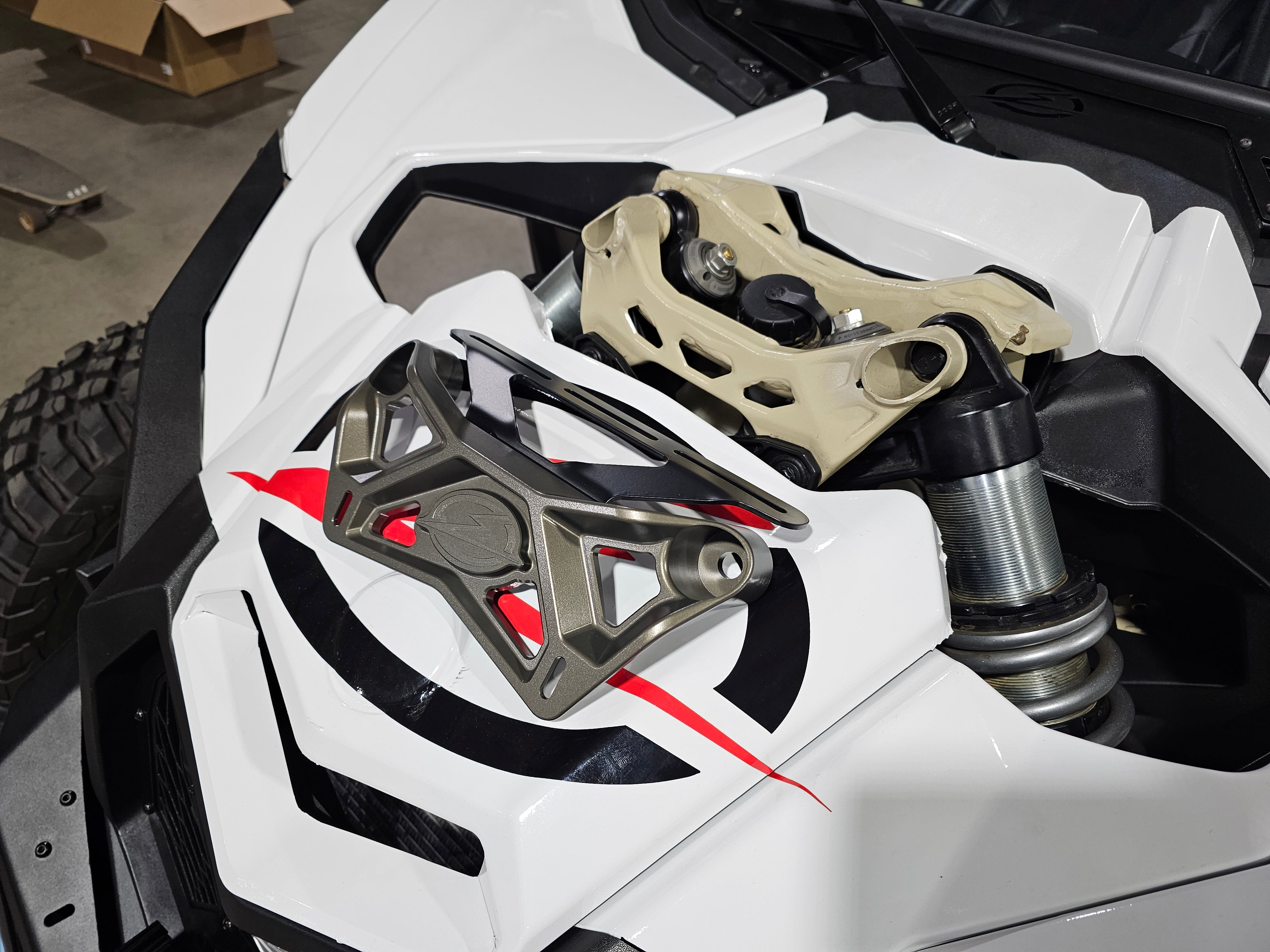 Photo of EOD 2017 to Current Can Am X3 Maverick Upper Shock Mount Brace with adjustable light mount bracket with Gun Metal finish by Elektric Offroad - Premium Shocks, Springs, & Accessories for UTVs / Side by Sides