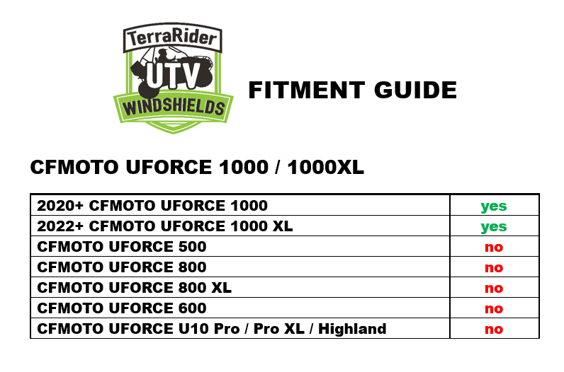 Photo of CFMOTO UFORCE 1000/1000XL WITH PRO FIT FRAME TILTING UTV WINDSHIELD - FOR FACTORY HARD TOP (TK00137, TK00312 & TK00545) by TerraRider UTV Windshields & Accessories - Premium for UTVs / Side by Sides
