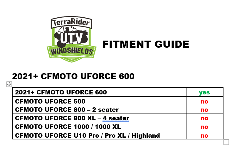 Photo of CFMOTO UFORCE 600 WITH PRO FIT FRAME FULL UTV WINDSHIELD (TK00540, TK00541 & TK00542) by TerraRider UTV Windshields & Accessories - Premium for UTVs / Side by Sides