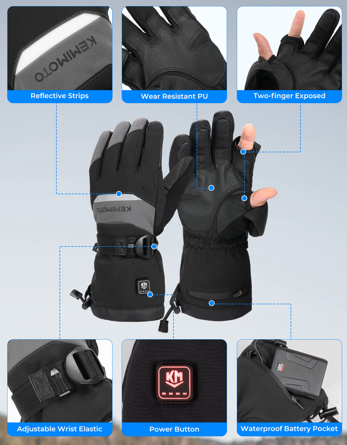 Photo of Heated Gloves with Magnetic Flap for Fishing, Cycling, Hiking, Hunting by Kemimoto - Premium for UTVs / Side by Sides