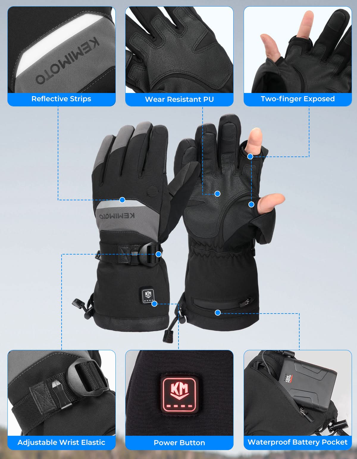 Photo of Men’s Heated Gloves 7.4V Battery Touchscreen Waterproof Winter (2PCS) by Kemimoto - Premium for UTVs / Side by Sides