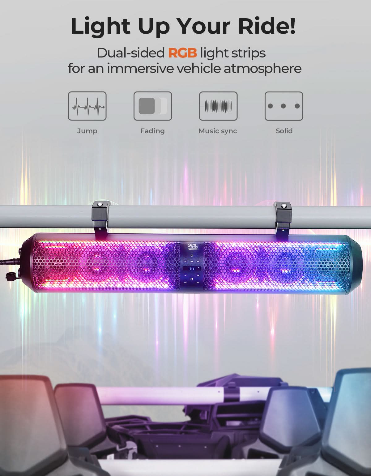 Photo of UTV Bluetooth Sound Bar 32" RGB Waterproof Speaker for Polaris Can-Am 2025 by Kemimoto - Premium for UTVs / Side by Sides