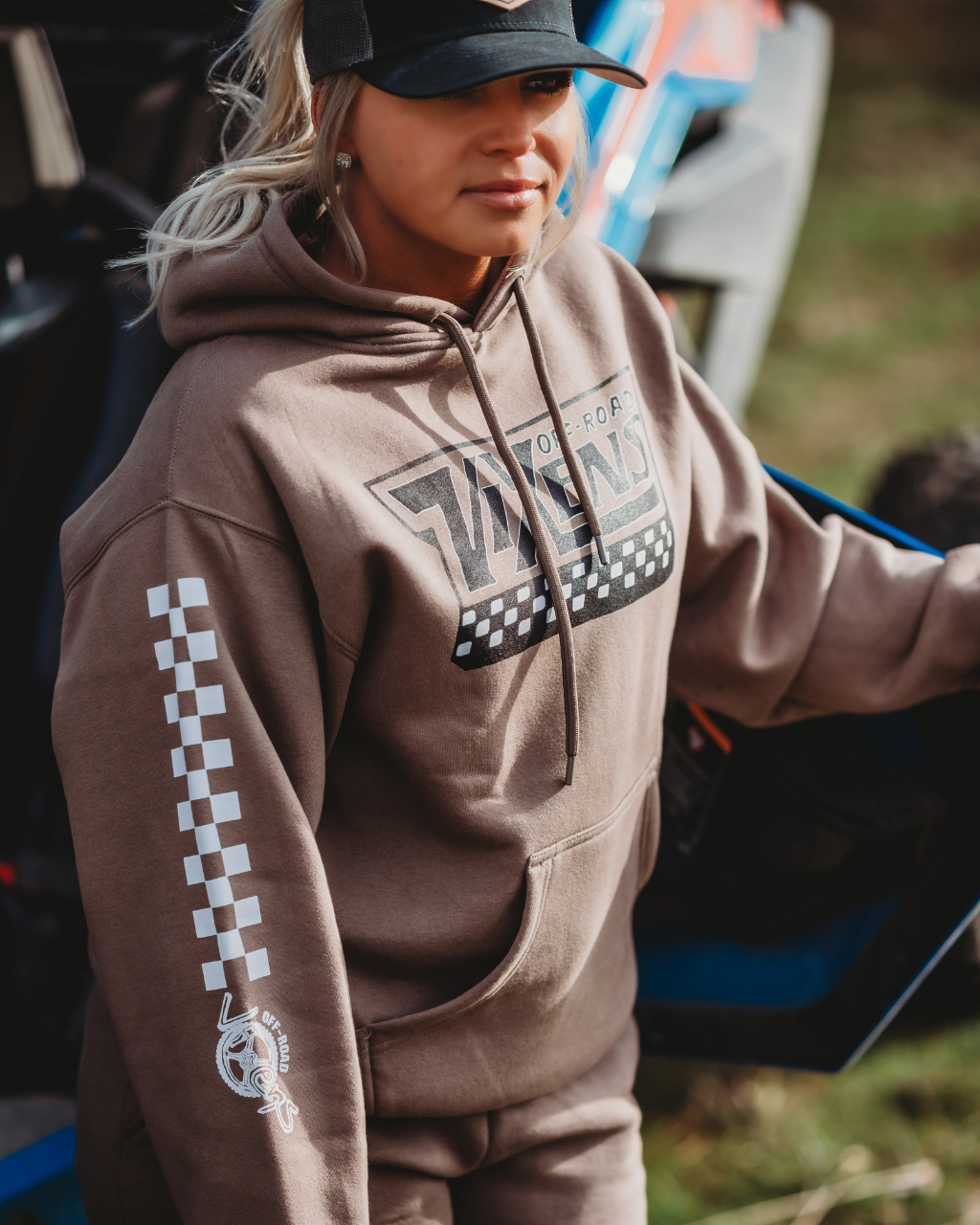 Photo of Off the Wall Heavy Weight Hoodie - Brown by OFF-ROAD VIXENS CLOTHING CO. - Premium Apparel & Accessories for UTVs / Side by Sides