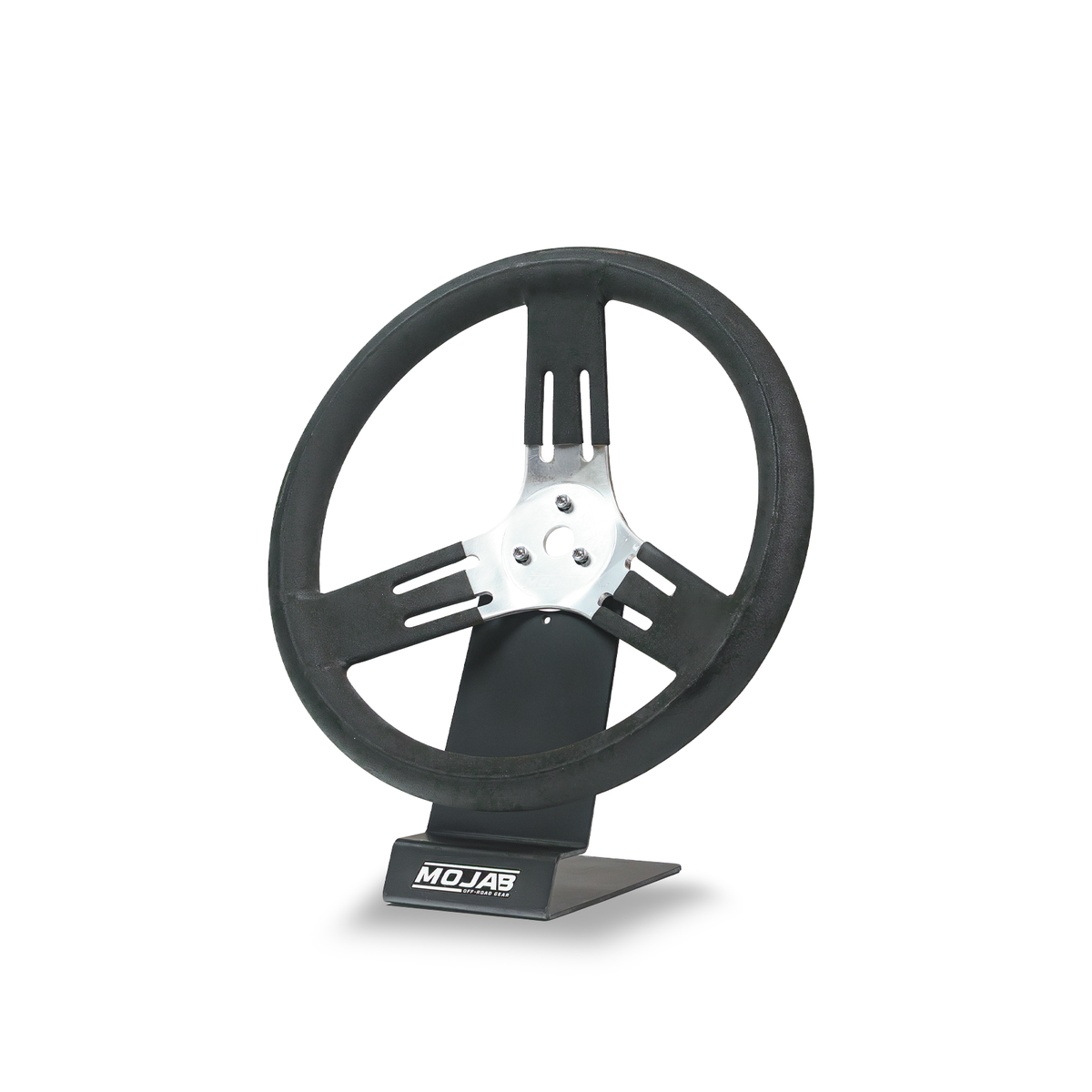 MOJAB 13-inch aluminum 3-bolt steering wheel shown at an angle on a display stand