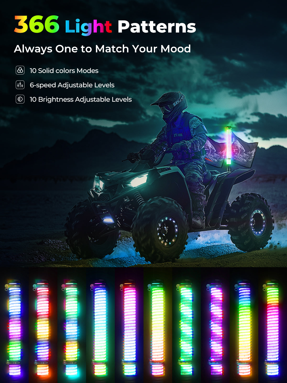 Photo of 2PCS 2FT COB Fat Whip Lights w/Turning Signal Function for UTV ATV Buggy Boat by Kemimoto - Premium for UTVs / Side by Sides