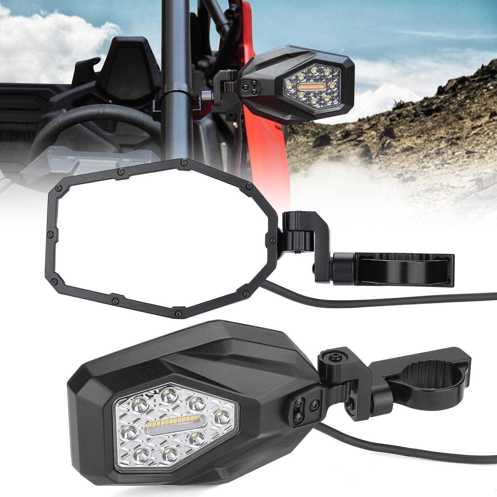 Photo of Mirrors with LED Turn Signal Lights(New Design) Compatible With Polaris Ranger by Kemimoto - Premium for UTVs / Side by Sides