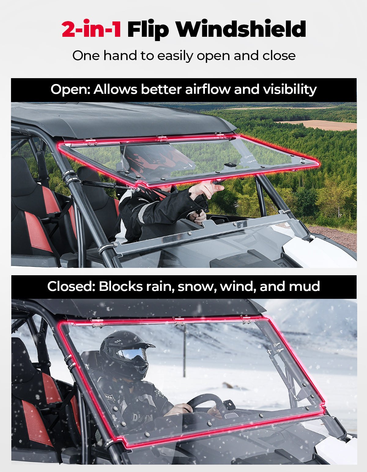 Photo of Full Flip Split Windshield Window for Polaris RZR XP 1000 / XP 4 1000 2024-2025 by Kemimoto - Premium for UTVs / Side by Sides