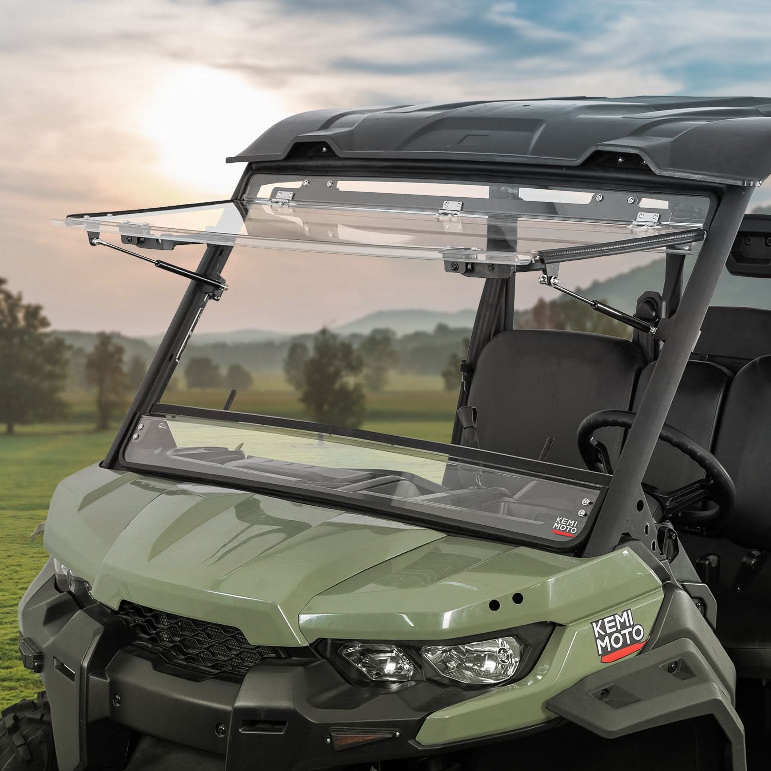 Photo of Can-Am Defender HD5/HD8/HD10 Flip Windshield – 3 Position Full Front Windshield, Clear Hard-Coated Polycarbonate by Kemimoto - Premium for UTVs / Side by Sides