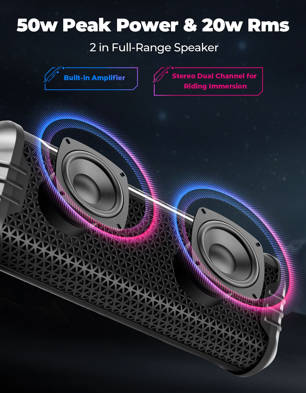 Photo of Motorcycle Bluetooth Speakers Waterproof ATV Sound Bar with AUX USB and RGB Lighting by Kemimoto - Premium for UTVs / Side by Sides