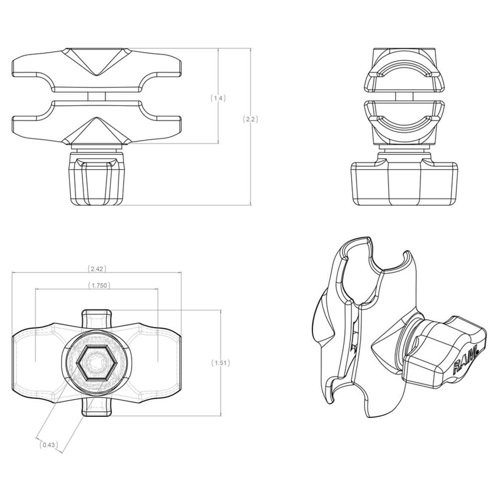 RAM MOUNT Double Socket Extension Short - Unlimited Adjustment + Rugged Marine Grade (2023)